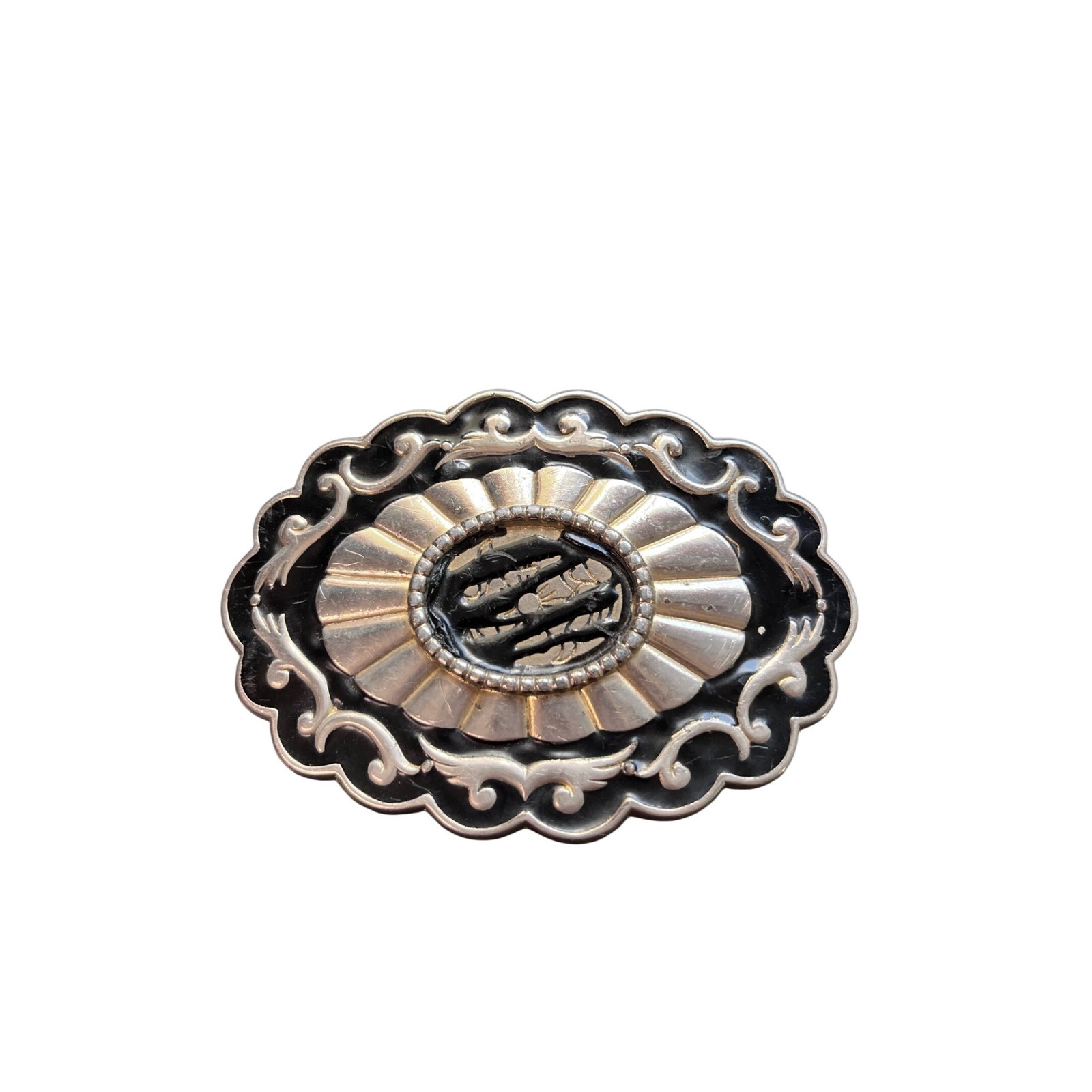 Vintage Western Belt Buckle Silver Black Enamel Scalloped Oval Scroll Sunburst