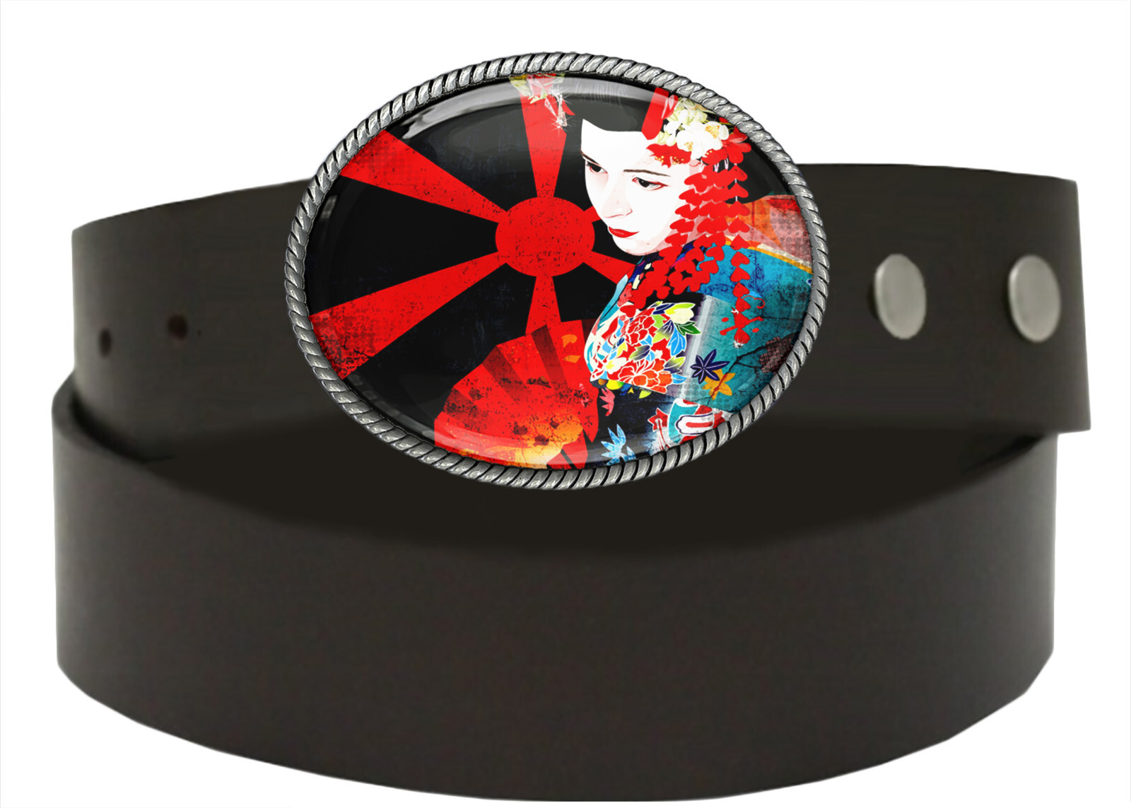 Geisha Girl Belt Buckle – Japanese Oriental Art Handmade Oval Buckle – 272-3