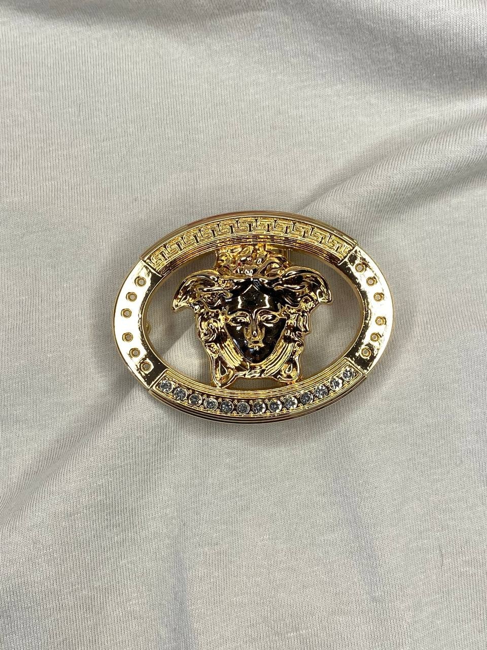 Gold Medusa Head Belt Buckle Greek Key Crystal Oval