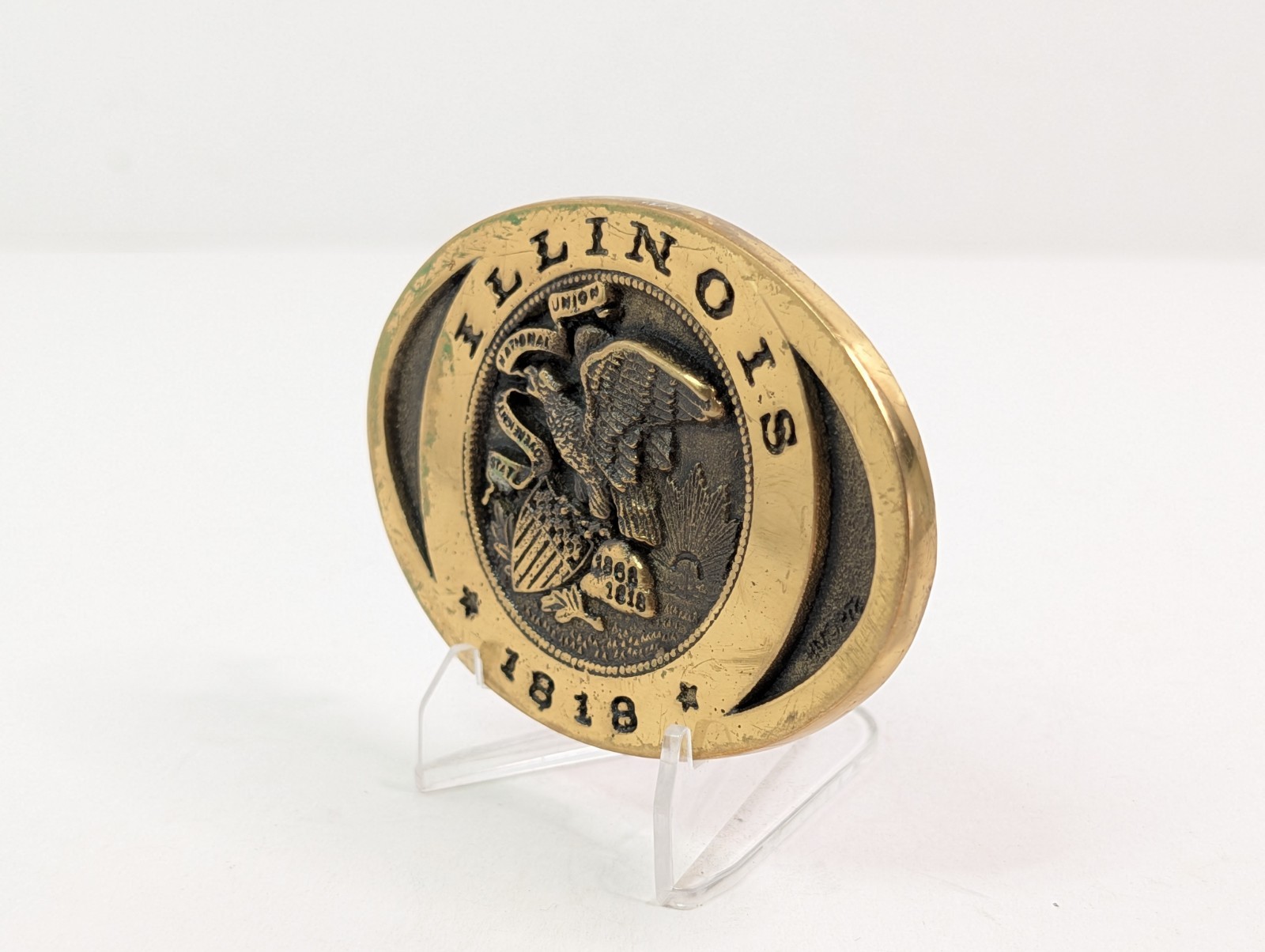 Heritage Mint Illinois 1818 State Seal Gold Brass Belt Buckle 3.25&Prime; x 2.25&Prime; Vtg