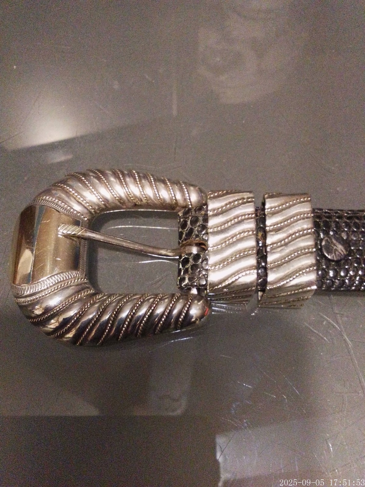 Rare Chet Vogt 14k Gold .925 Sterling Belt Buckle Set Size 28 black lizzard