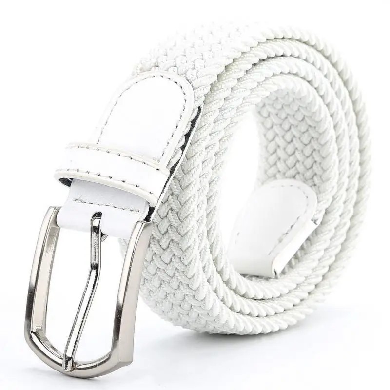 Elastic Braided Canvas Belt Men Women White Black Pin Buckle Daily Belts