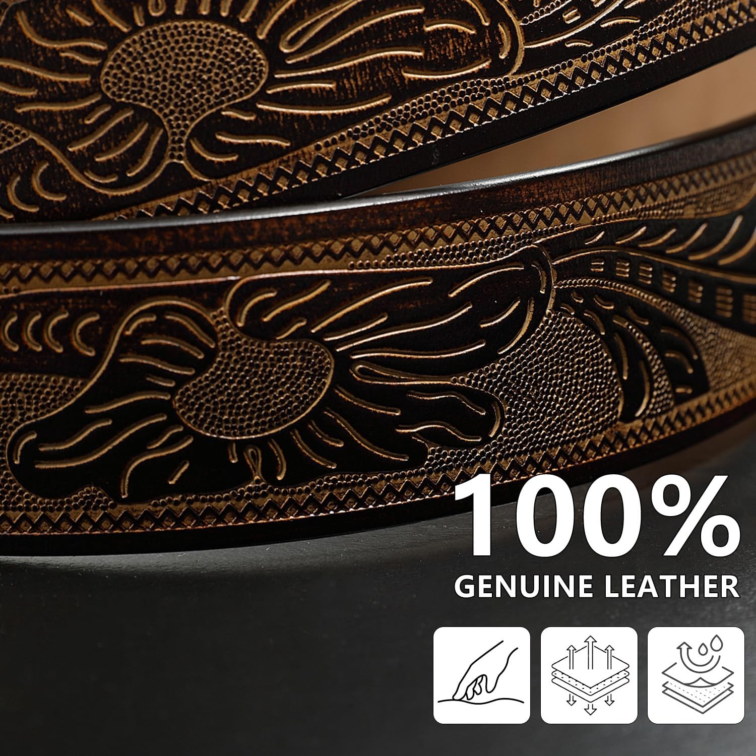 Evbopa Western Leather Belts for Men 33&Prime;-36&Prime;, Bronze Bull Buckle/Brown Belt
