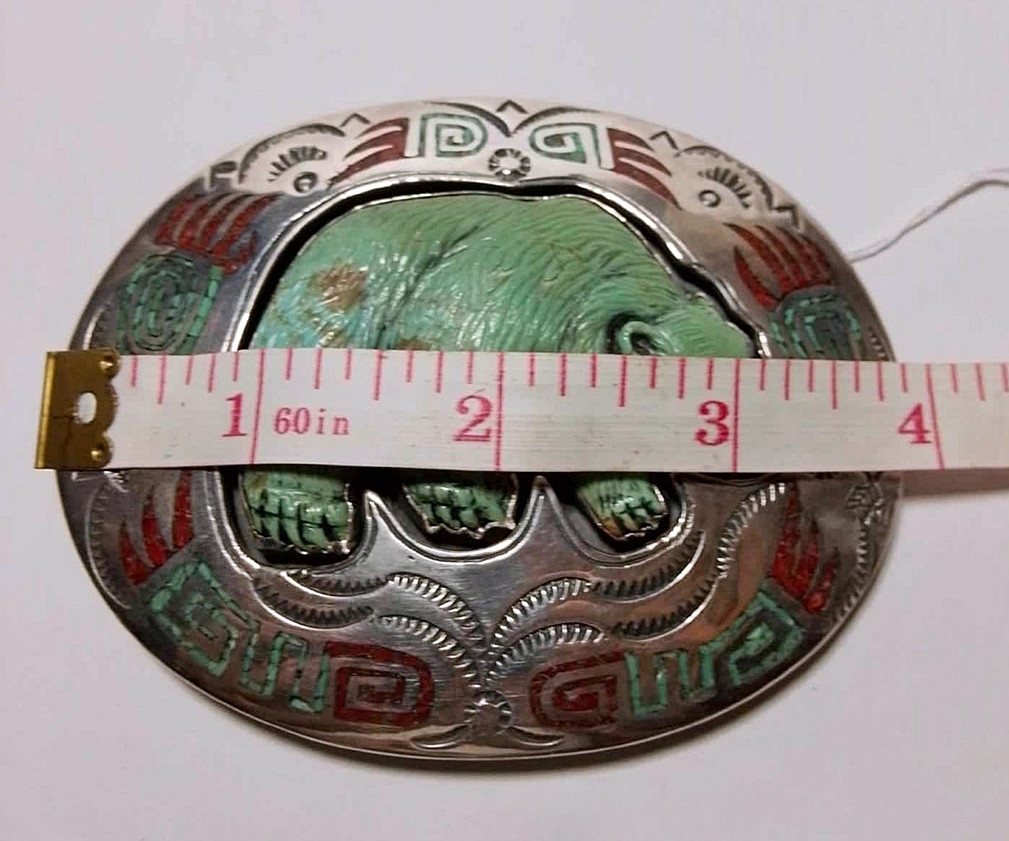 American Style Hand Carved Bear Turquoise Sterling Silver Belt Buckle – 1.5&Prime;