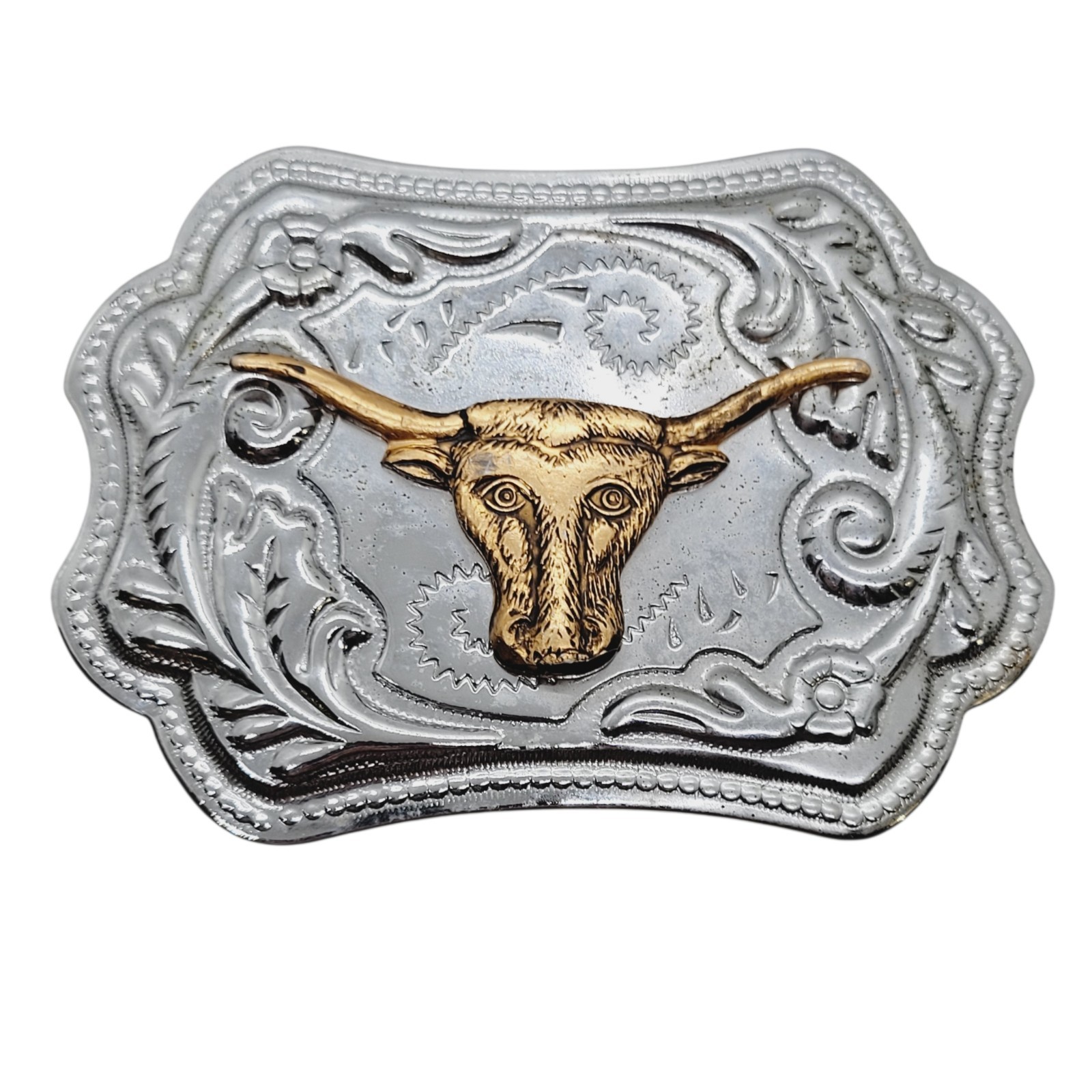 Silvertone Metal Belt Buckle Brass Longhorn Steer Head 1960s Western Cowboy