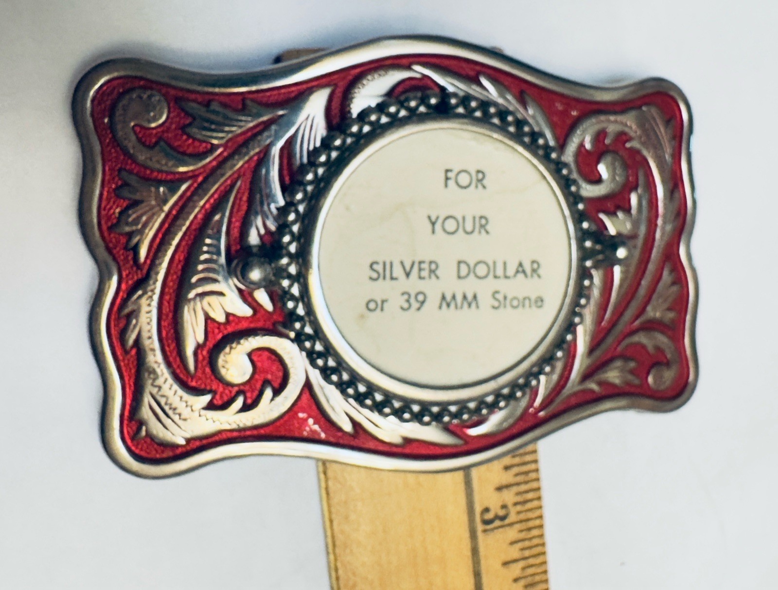 Rectangle Belt Buckle For USA Silver Dollar Coin Screw Back Silver Tone & Red
