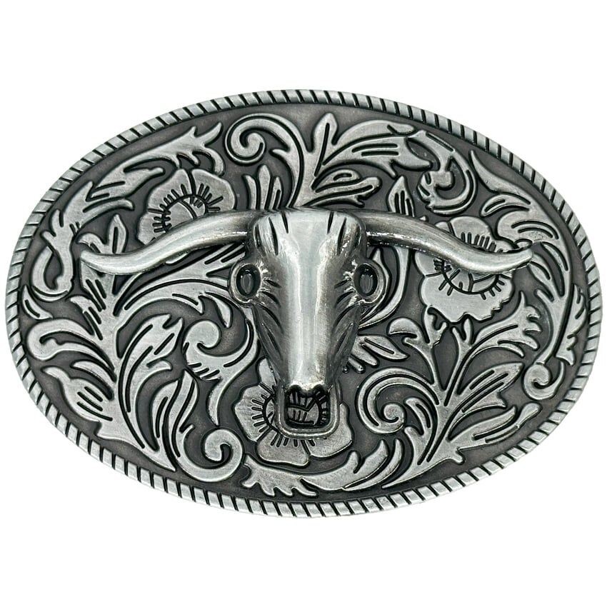 Silver Gray Floral Bull Skull Western Belt Buckle Cowboy Rancher Mens Womens