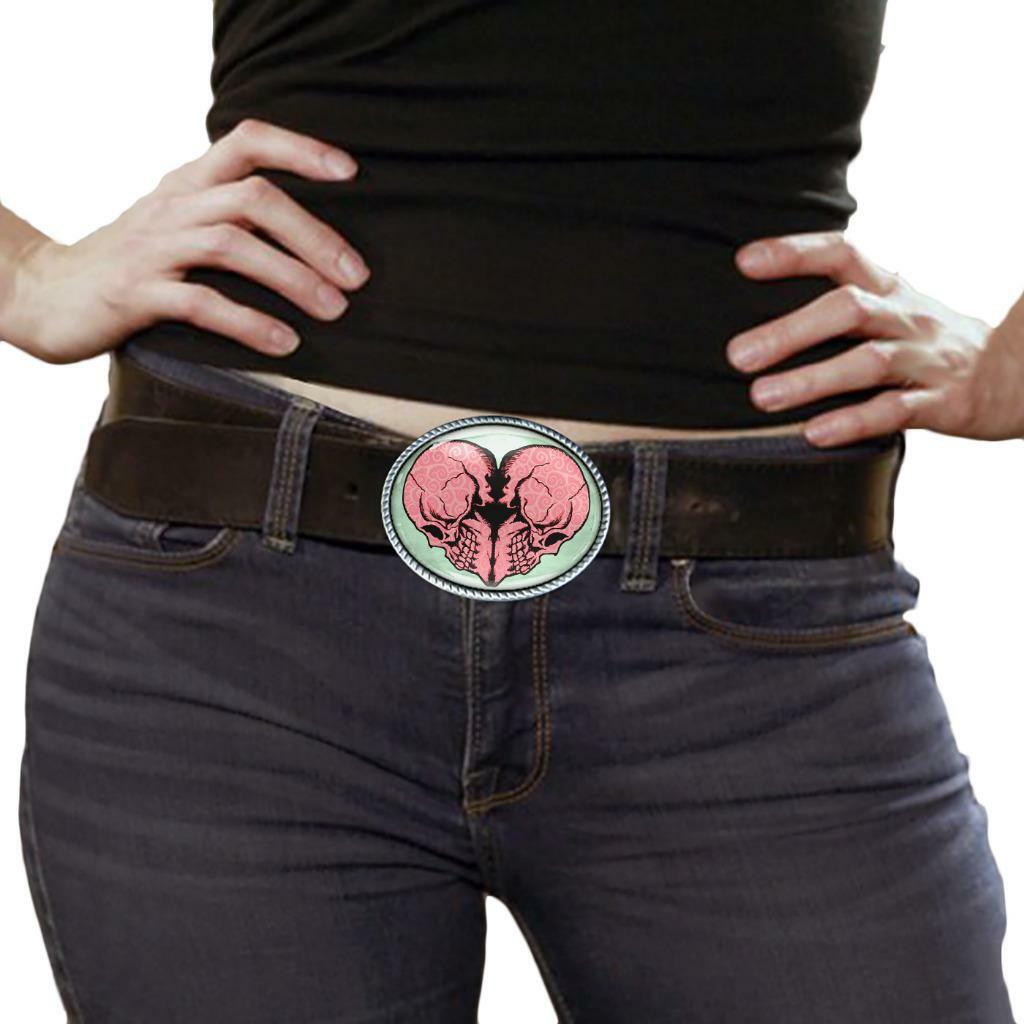 Twin Flame Heart Skull Grunge Pop Art Handmade Oval Belt Buckle
