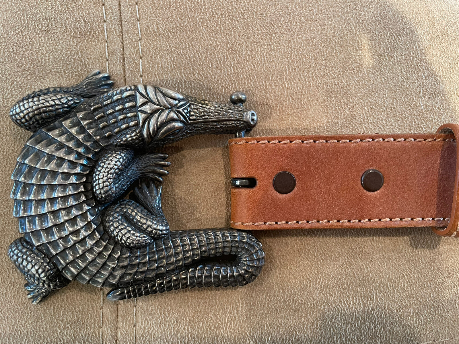 Huge Kieselstein- Cord Sterling Alligator Buckle With Brown Leather Belt Size 3