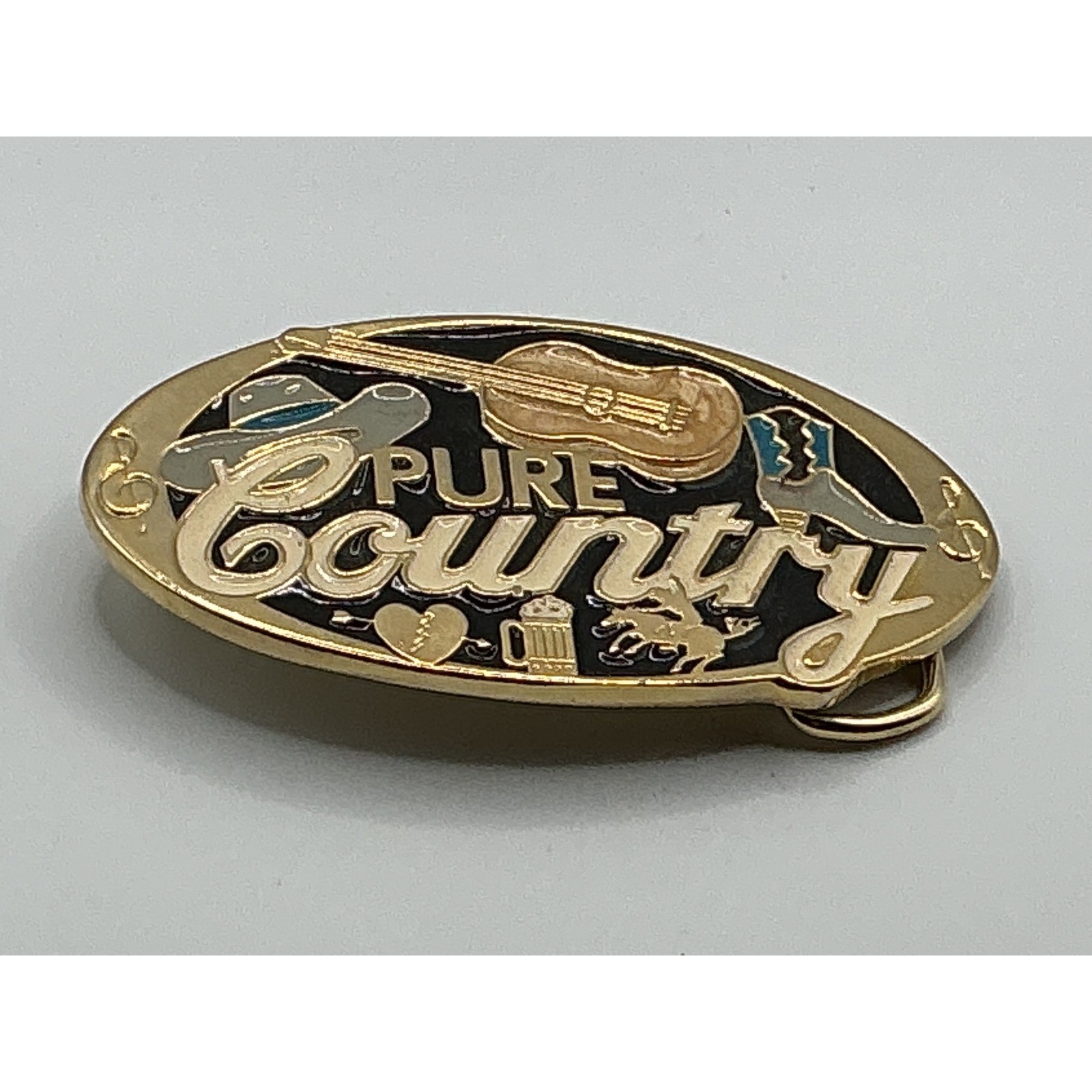 Pure Country Belt Buckle Gold Tone Enamel Guitar Cowboy Hat Made in USA 0320