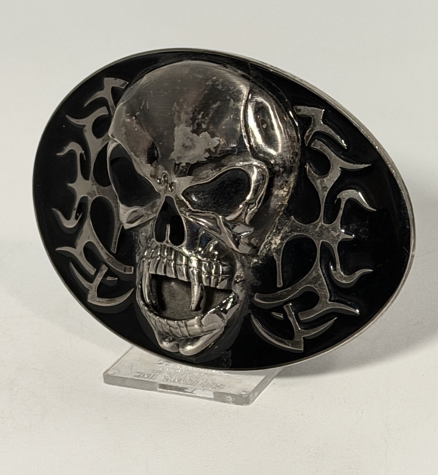 Oval Skull Fangs Pirate Belt Buckle Design Gothic Punk Metal Black Silver Tone