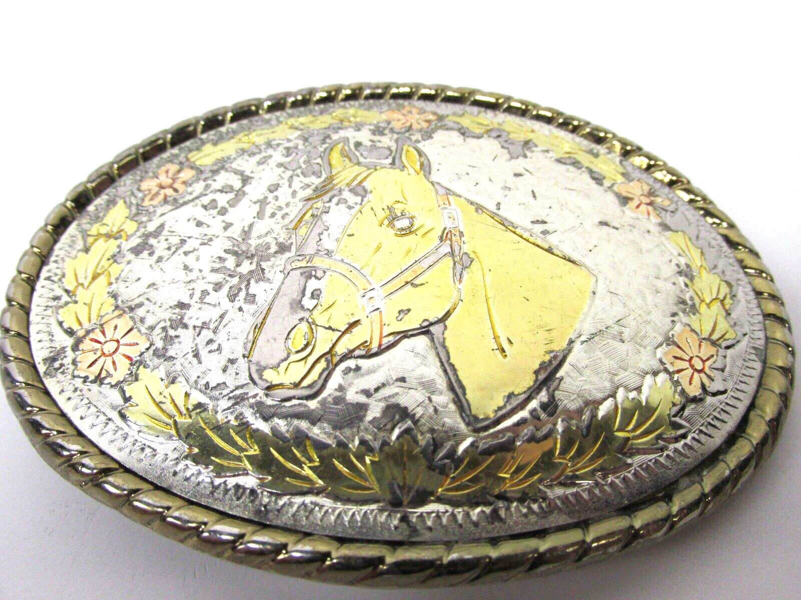 VTG Horse Head Colorful Flower Belt Buckle Made in USA Cowboy Western Rancher