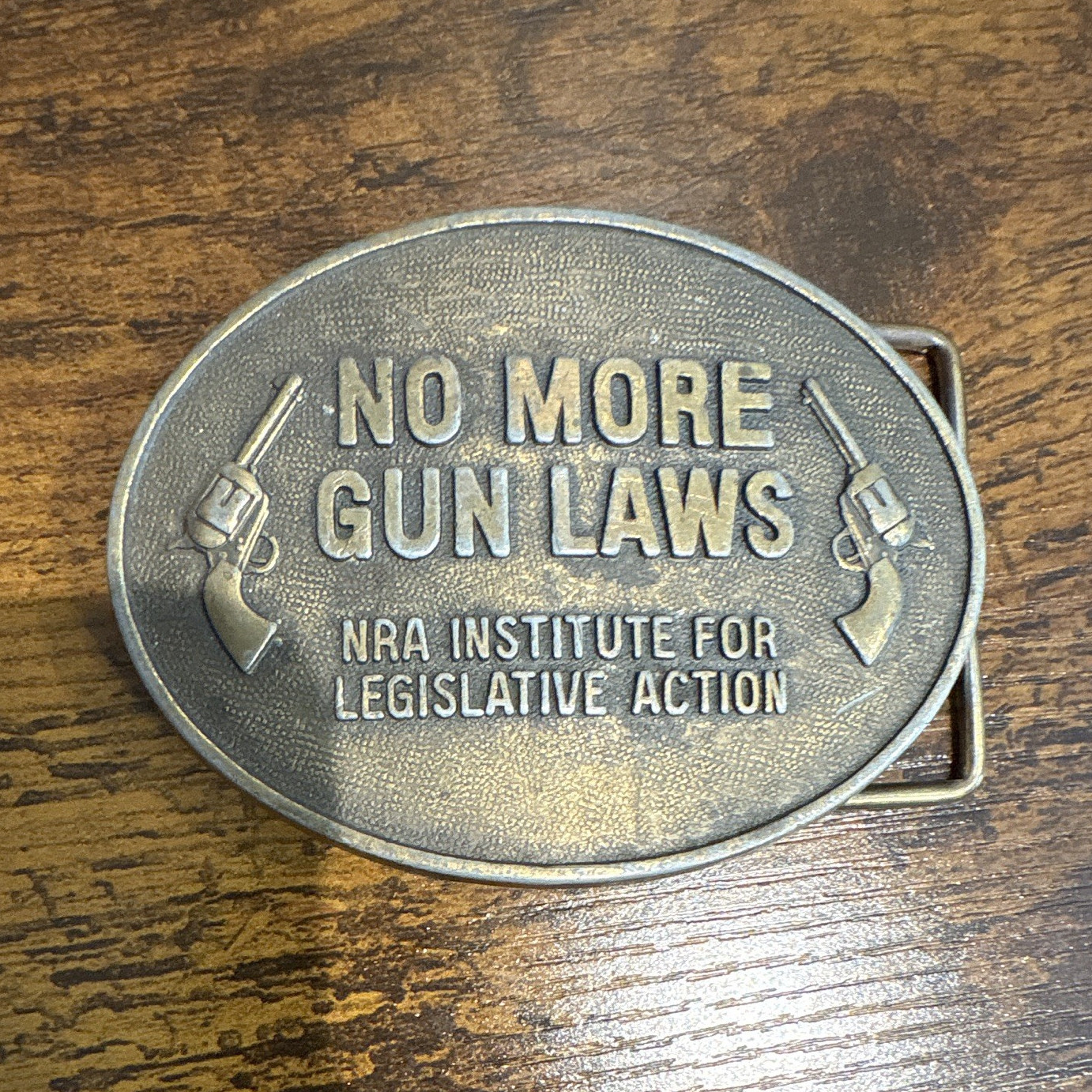 Norman Foundry NRA No More Gun Laws Silver Metal Western Belt Buckle 1.5 in