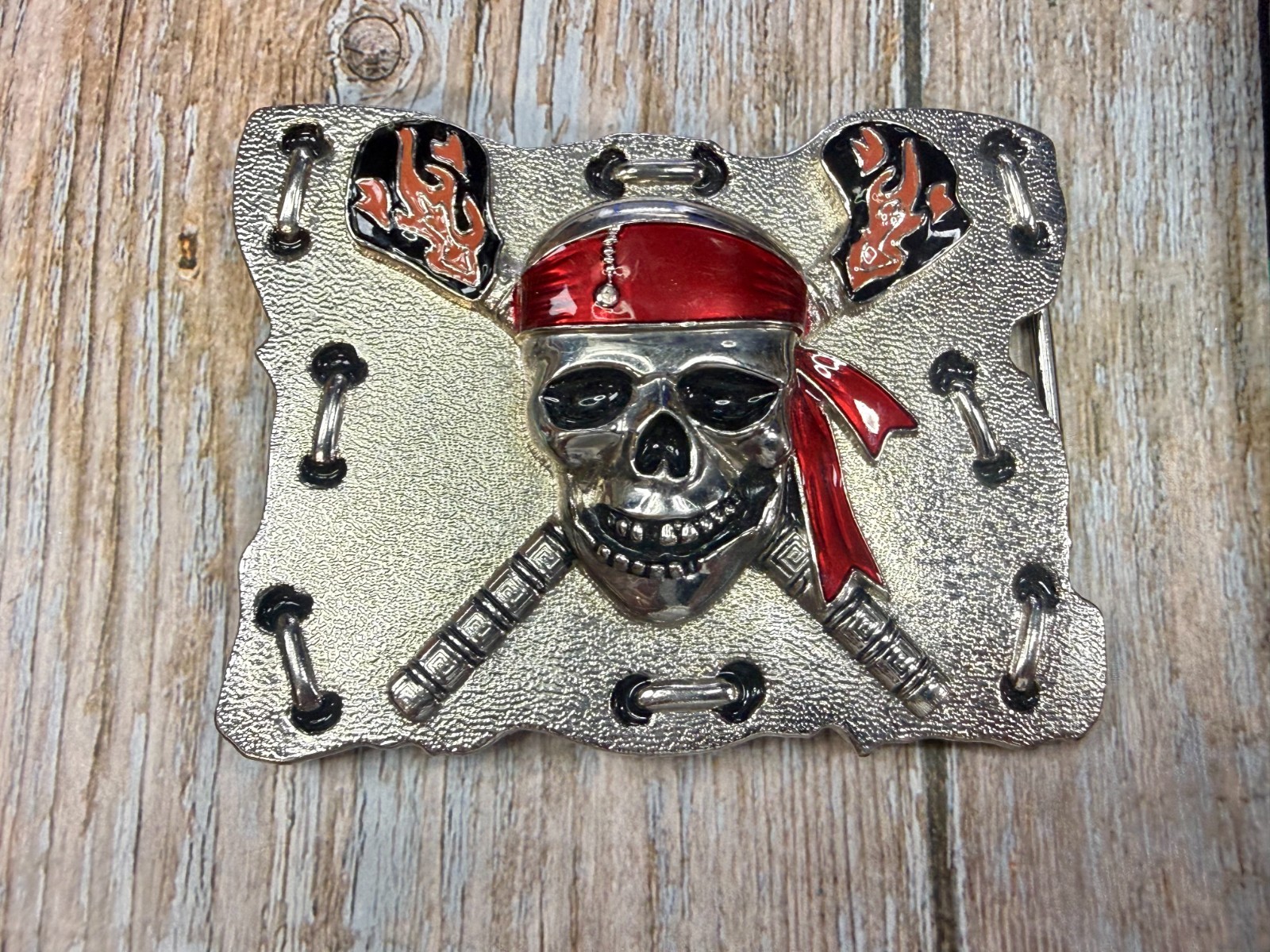 Raised Pirate Skull in Red Bandana Swords Gothic Punk Biker Vibe Belt Buckle