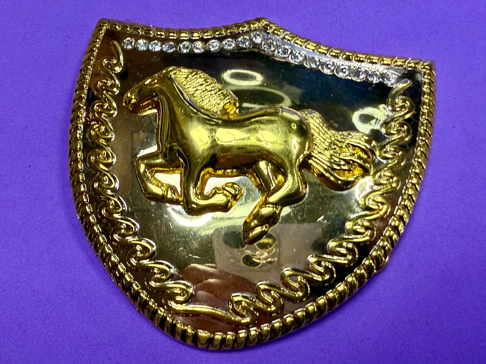 Running Galloping Horse Shield with Sparkling Rhinestones Reflective Belt Buckle