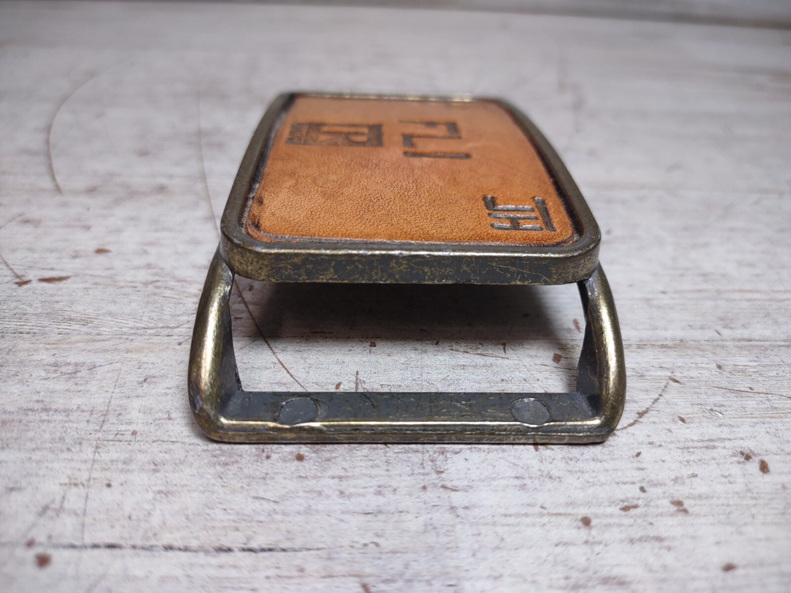 Vintage FLI Realtor JH Branded Leather and Brass Belt Buckle 3&Prime; by 2&Prime;