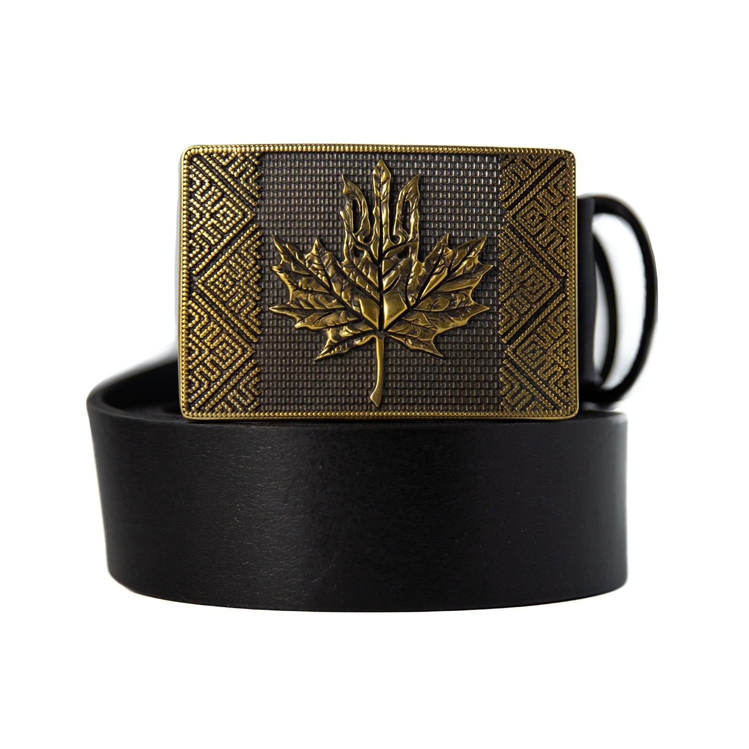 Brass belt buckle Maple leaf, Handmade Ukrainian trident and Canadian Maple leaf