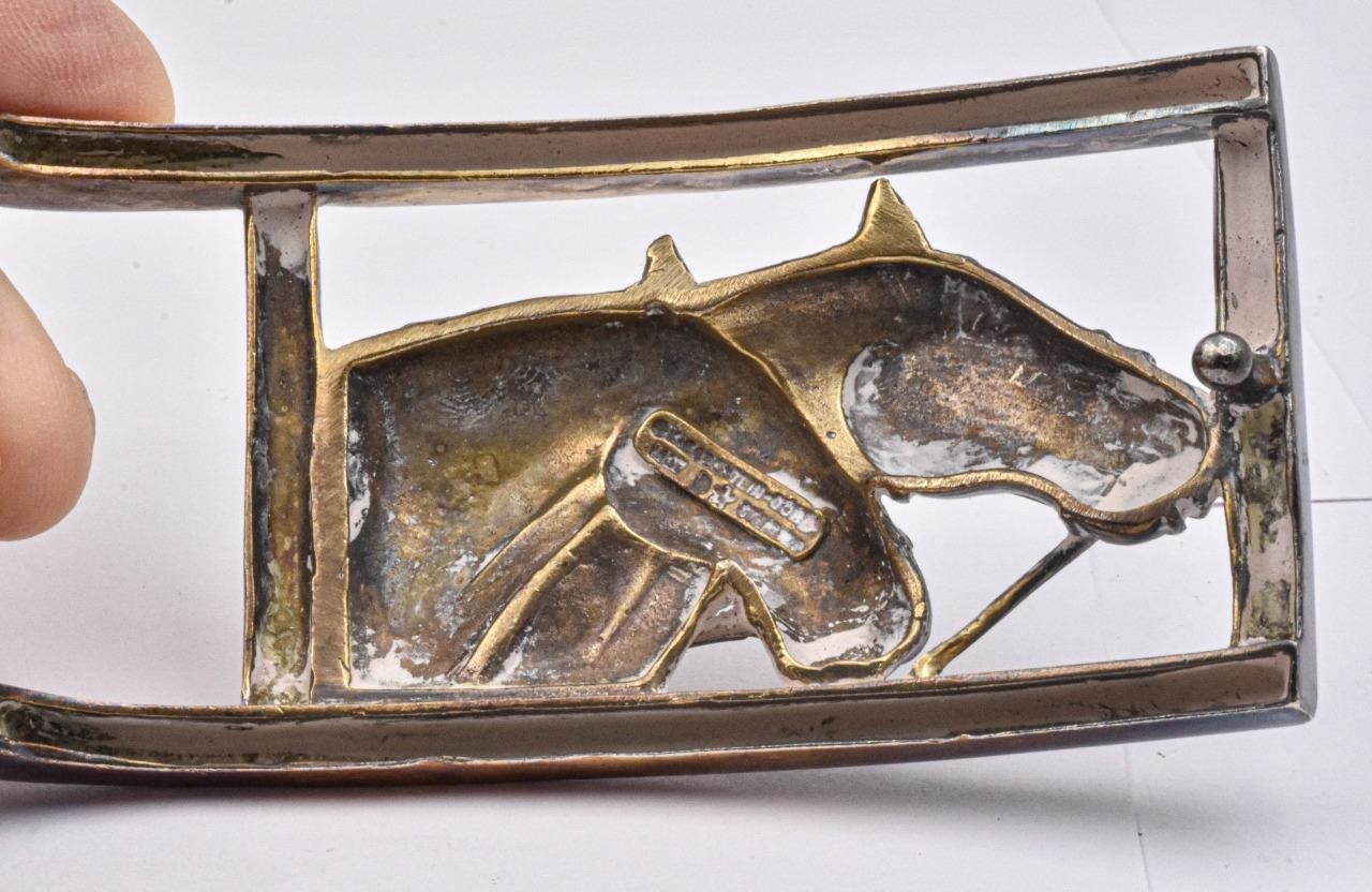 New old stock Sterling Silver B Kieselstein-Cord Double Race Horse Belt Buckle