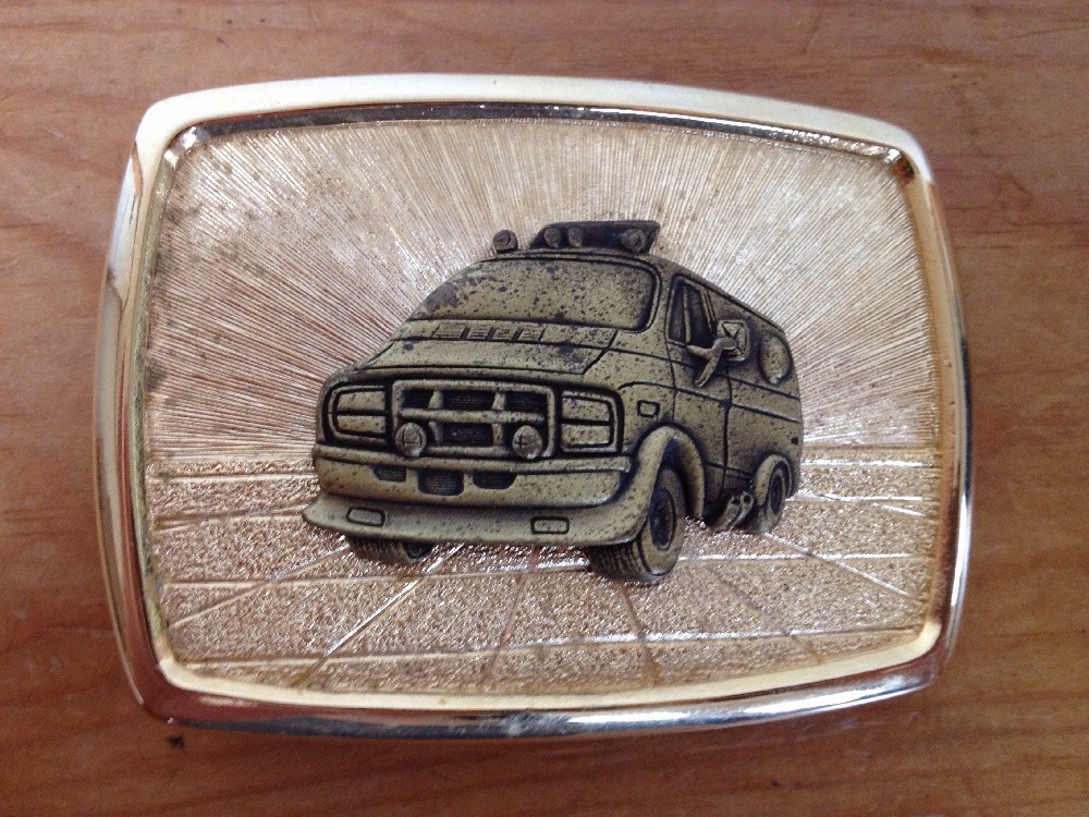 Vtg 70s Retro Style Band Econoline Van Front Flames Brass Goldtone Belt Buckle