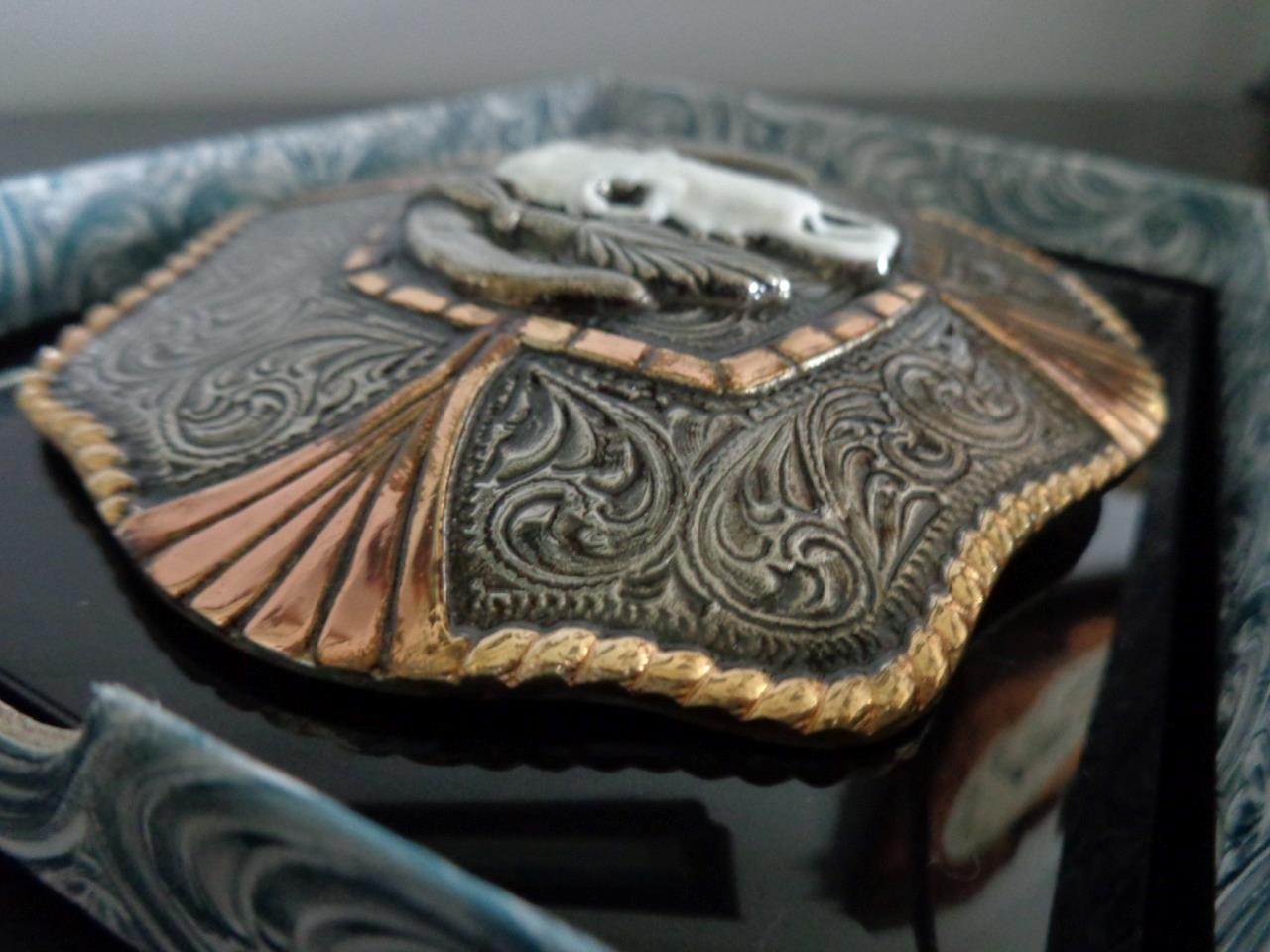 CRUMRINE ROPE EDGE SKULL HEAD BELT BUCKLE IN PACKAGE NEVER WORN COST WAS 75.00