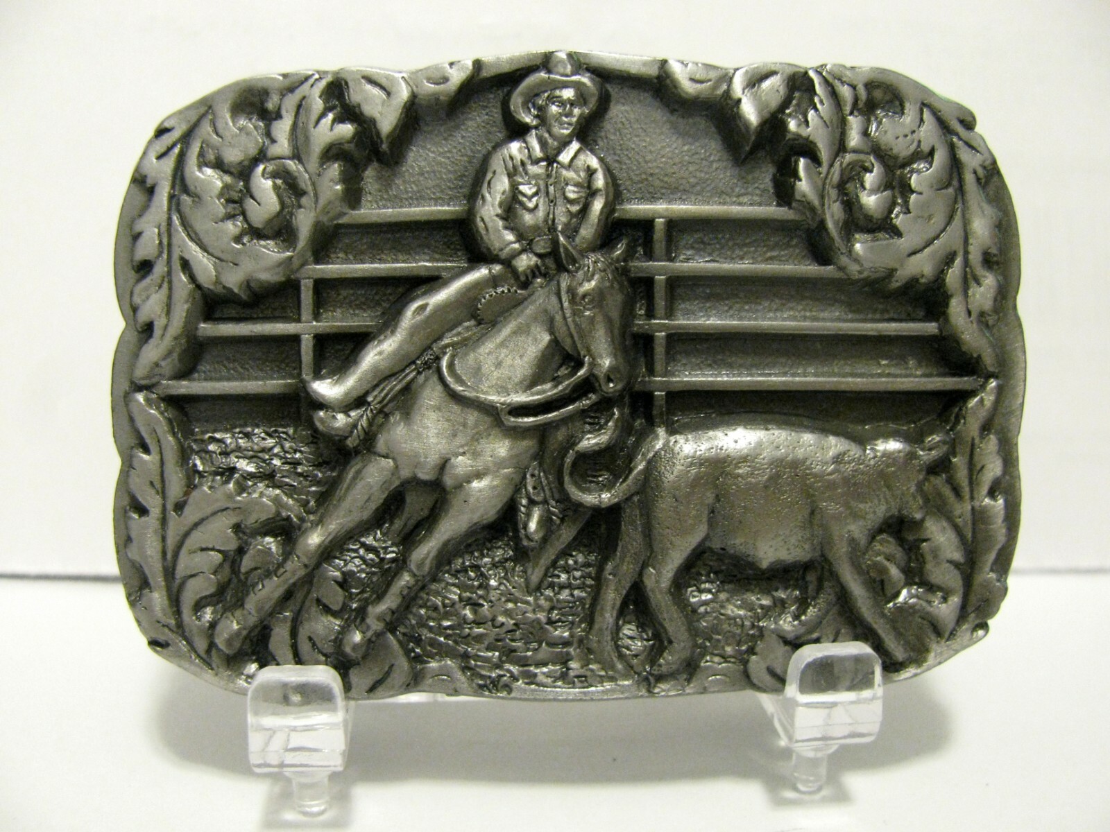 1990 Rodeo Calf Roping Cowboy Horse Calf Pewter Belt Buckle C&J Inc Collectible