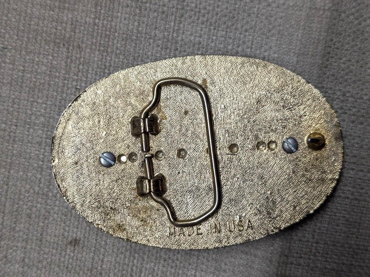 vintage GOLD FLAKE belt buckle HANDCRAFTED epoxy feather WESTERN cowboy indian