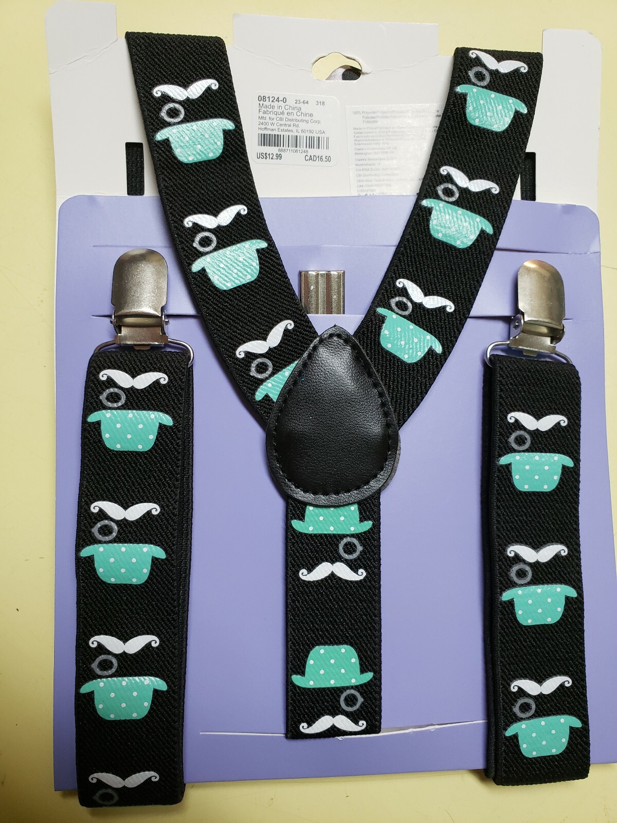 Claire&rsquo;s SUSPENDERS Nerdy Geek Mustache Hat Bow Ties Teen/ Adult Adj. #CLAR