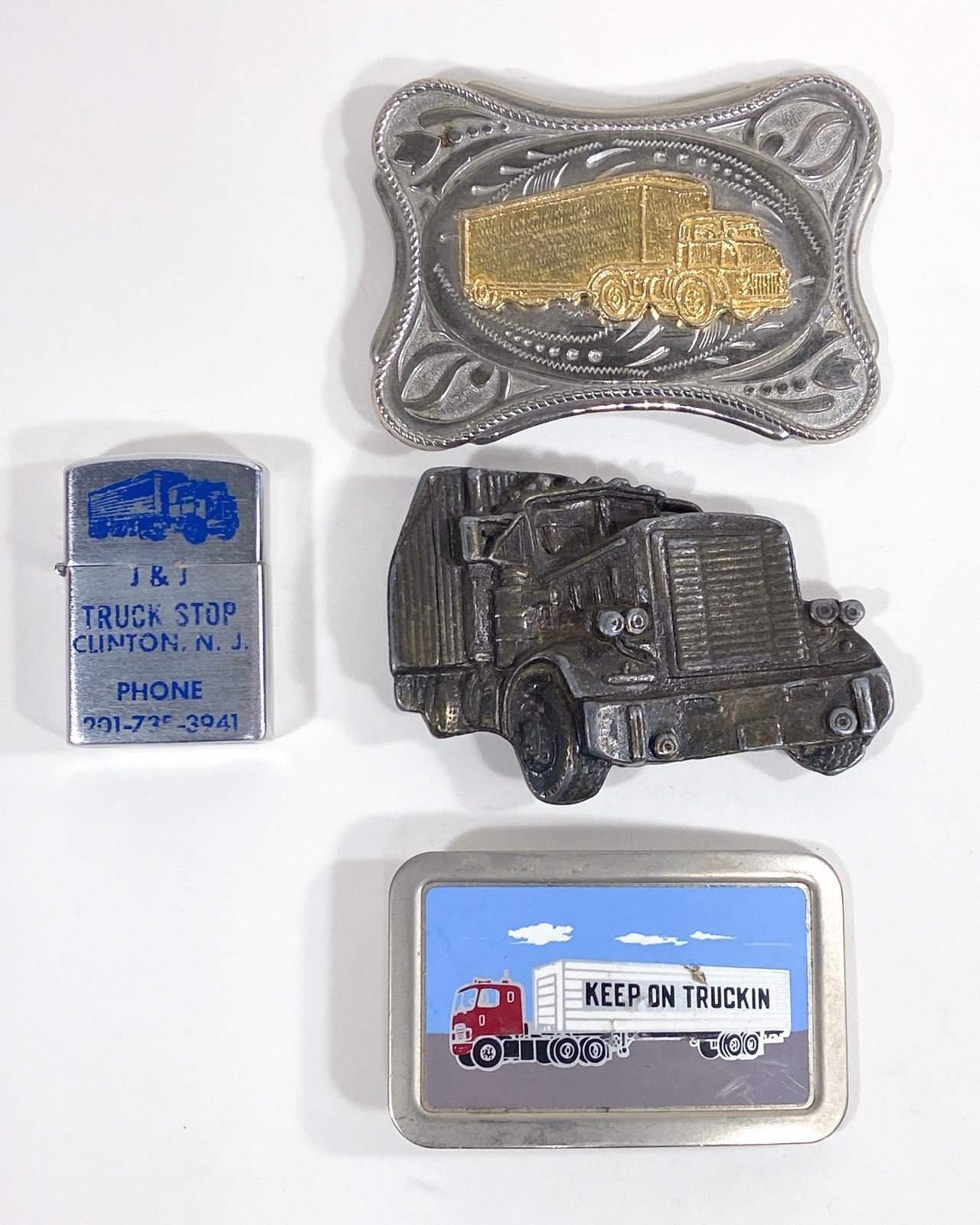 Set Of 3 Semi Truck Buckles Metal 3.5”-4”, w/ J&J Truck Stop Lighter
