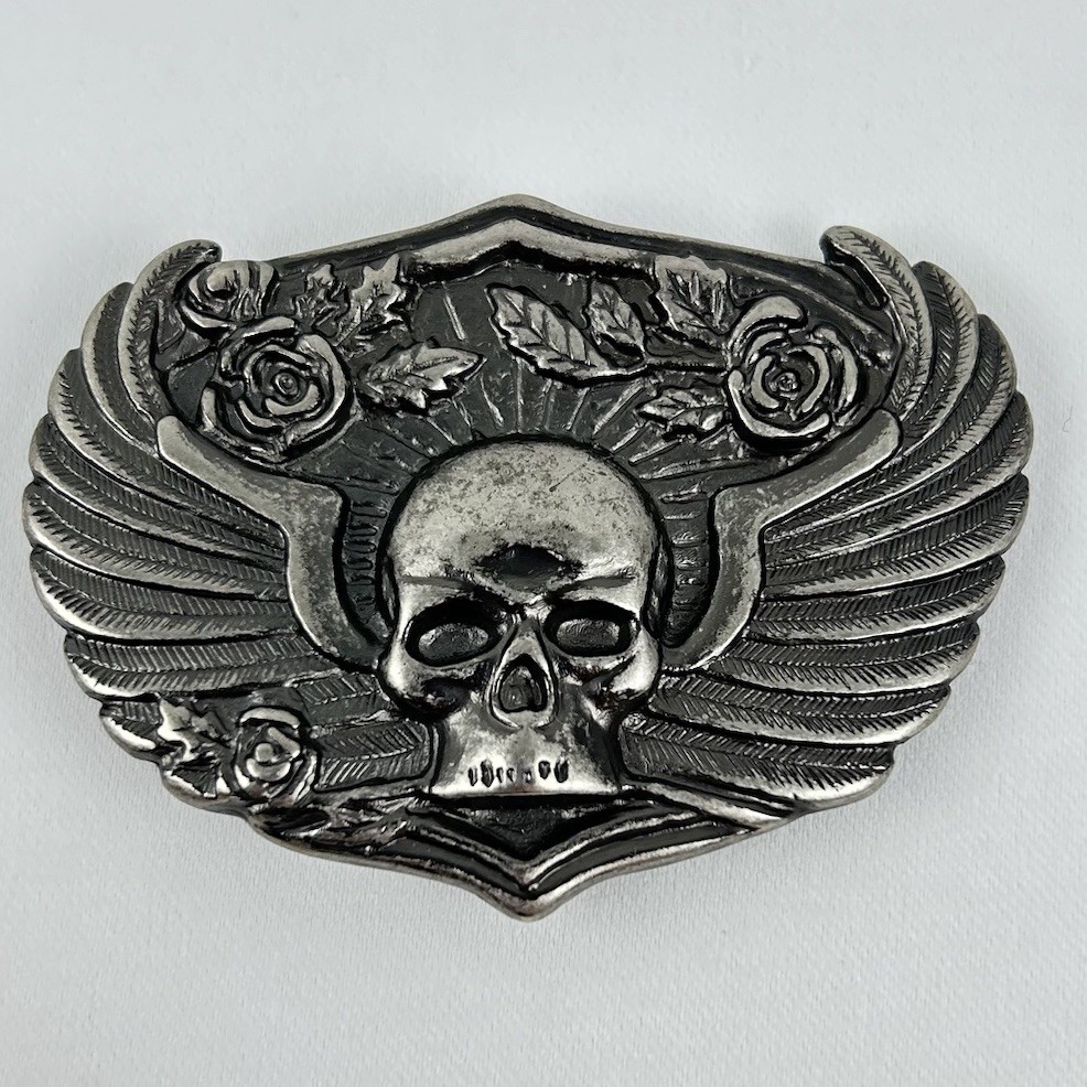 Belt Buckle – Skull With Wings and Roses. Biker Buckle to suit 1.5&Prime; (40mm) Belt