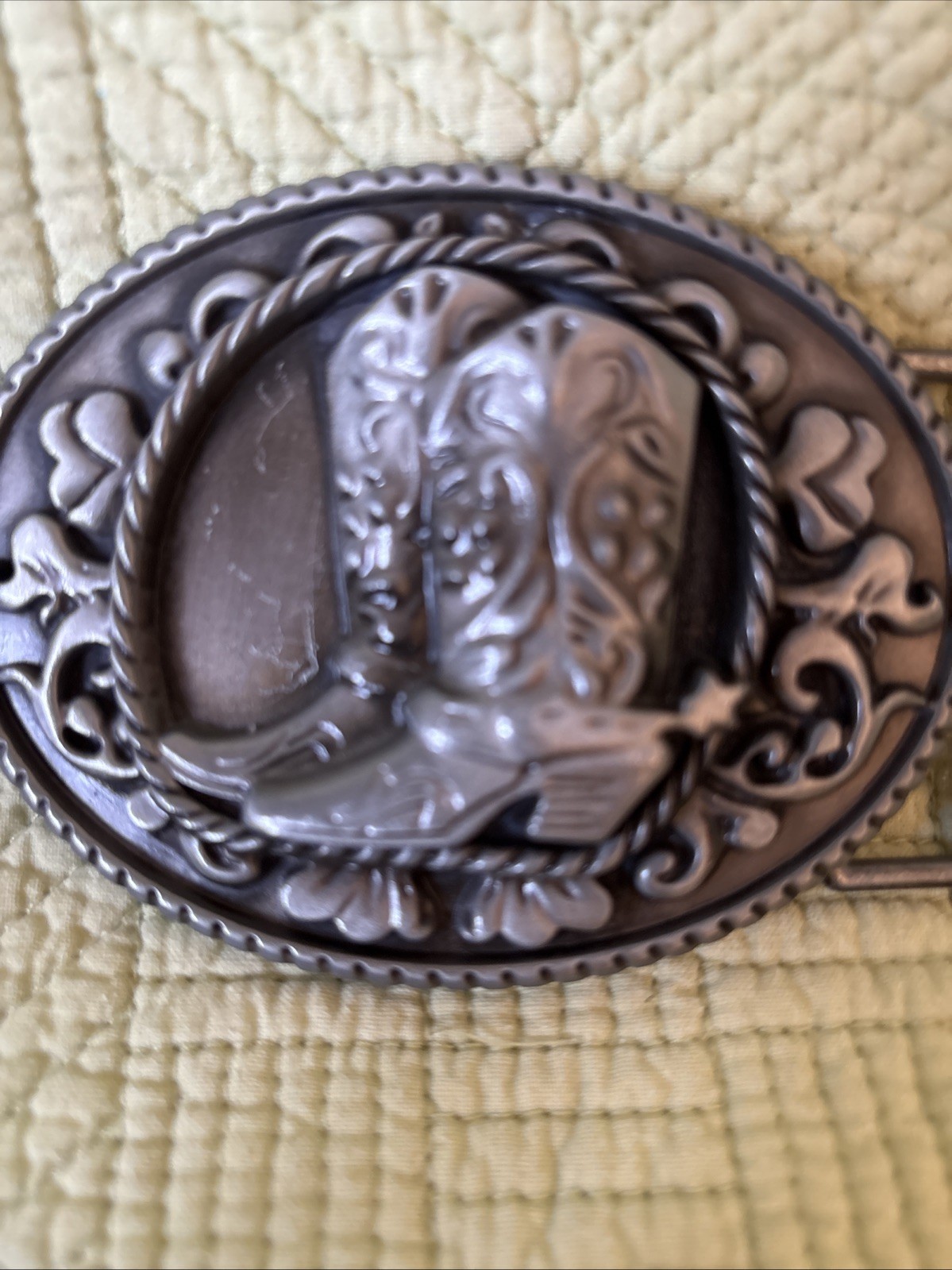 Vintage Western Cowboy Boots Belt Buckle Rope Scroll Design Silvertone 4×3”