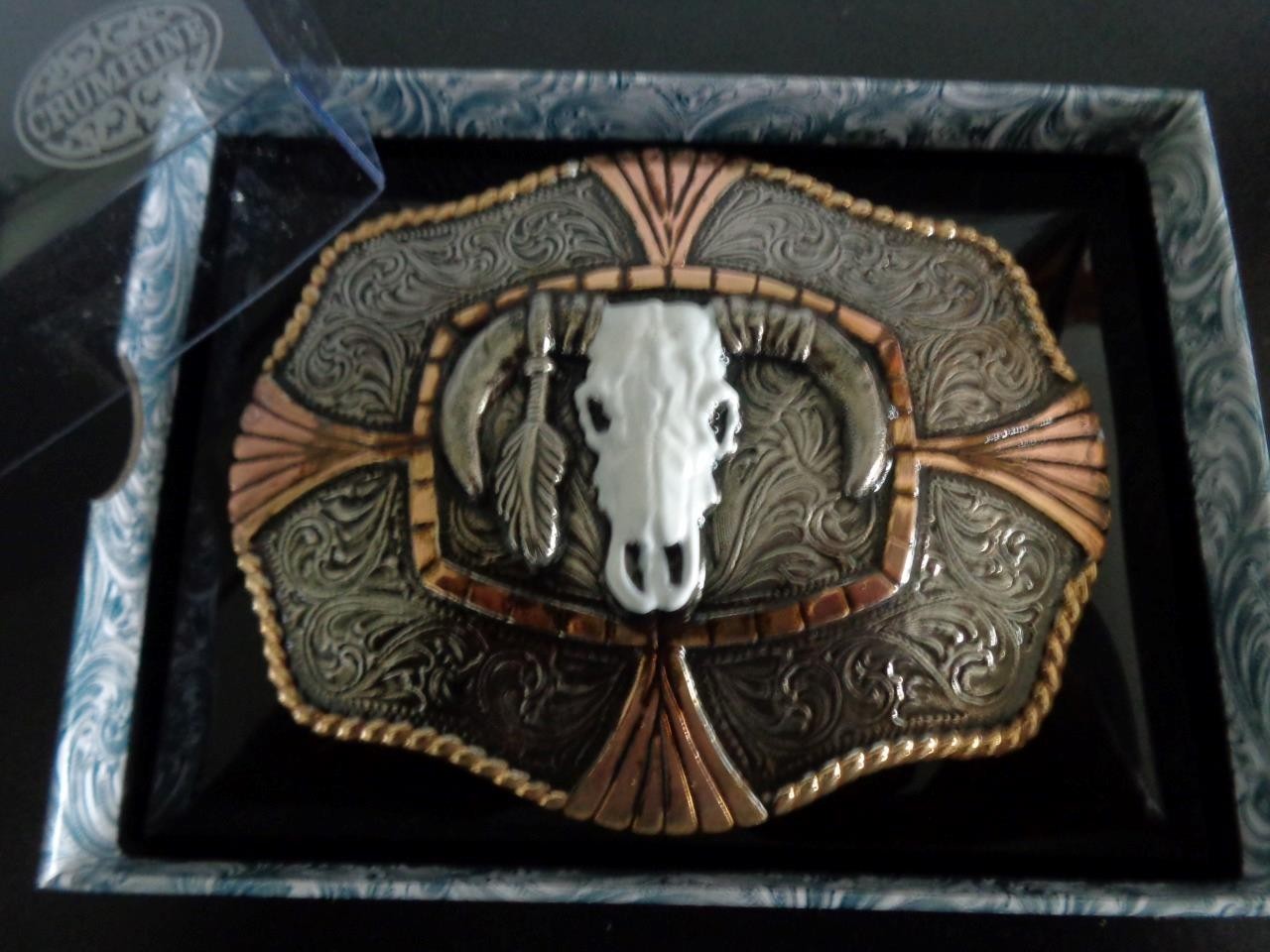 CRUMRINE ROPE EDGE SKULL HEAD BELT BUCKLE IN PACKAGE NEVER WORN COST WAS 75.00