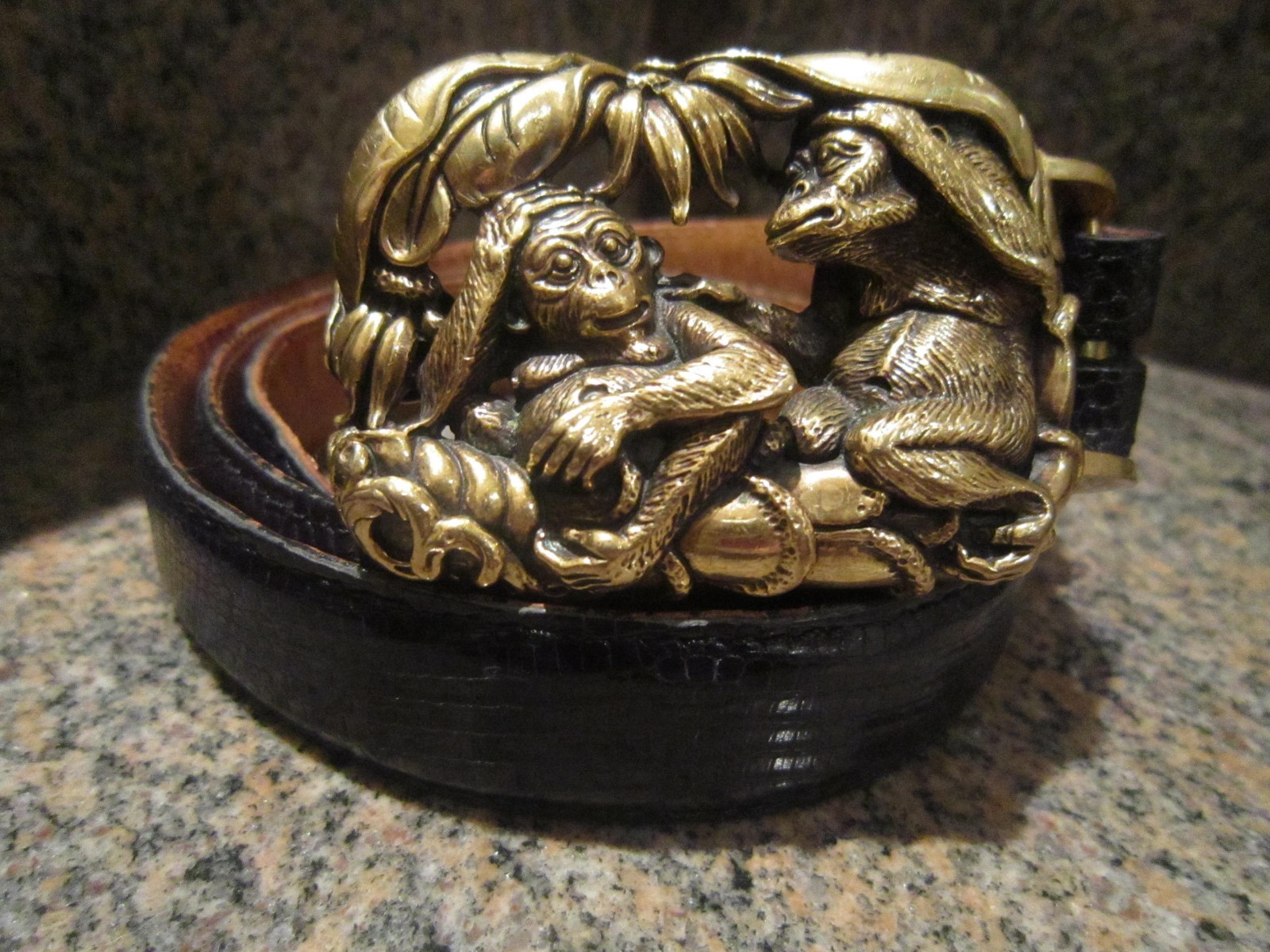 Rare! Kieselstein-Cord Art Bronze Jungle Monkey Buckle/ Black Lizard Belt Size 3