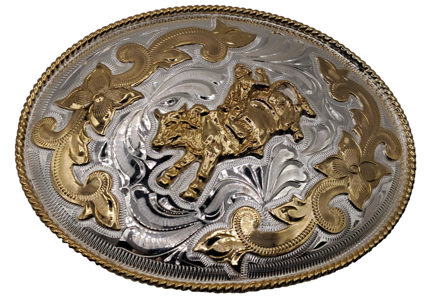 Alpaca Mexico Silver Gold Tone Large Rodeo Belt Buckle Cowboy Bull Rider 5&Prime;x4&Prime;