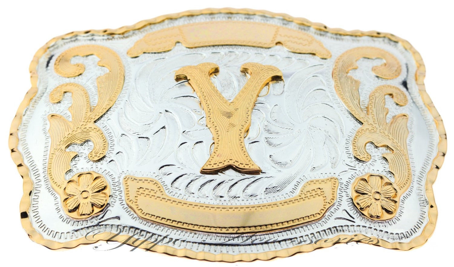 Initial « Y » Letter Large Gold & Silver Rodeo Western Cowboy Metal Belt Buckle