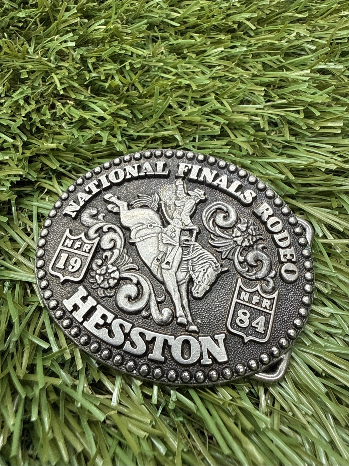 1984 Hesston NFR Belt Buckle Junior Size 2nd Edition Anniversary Pewter Tone Vtg