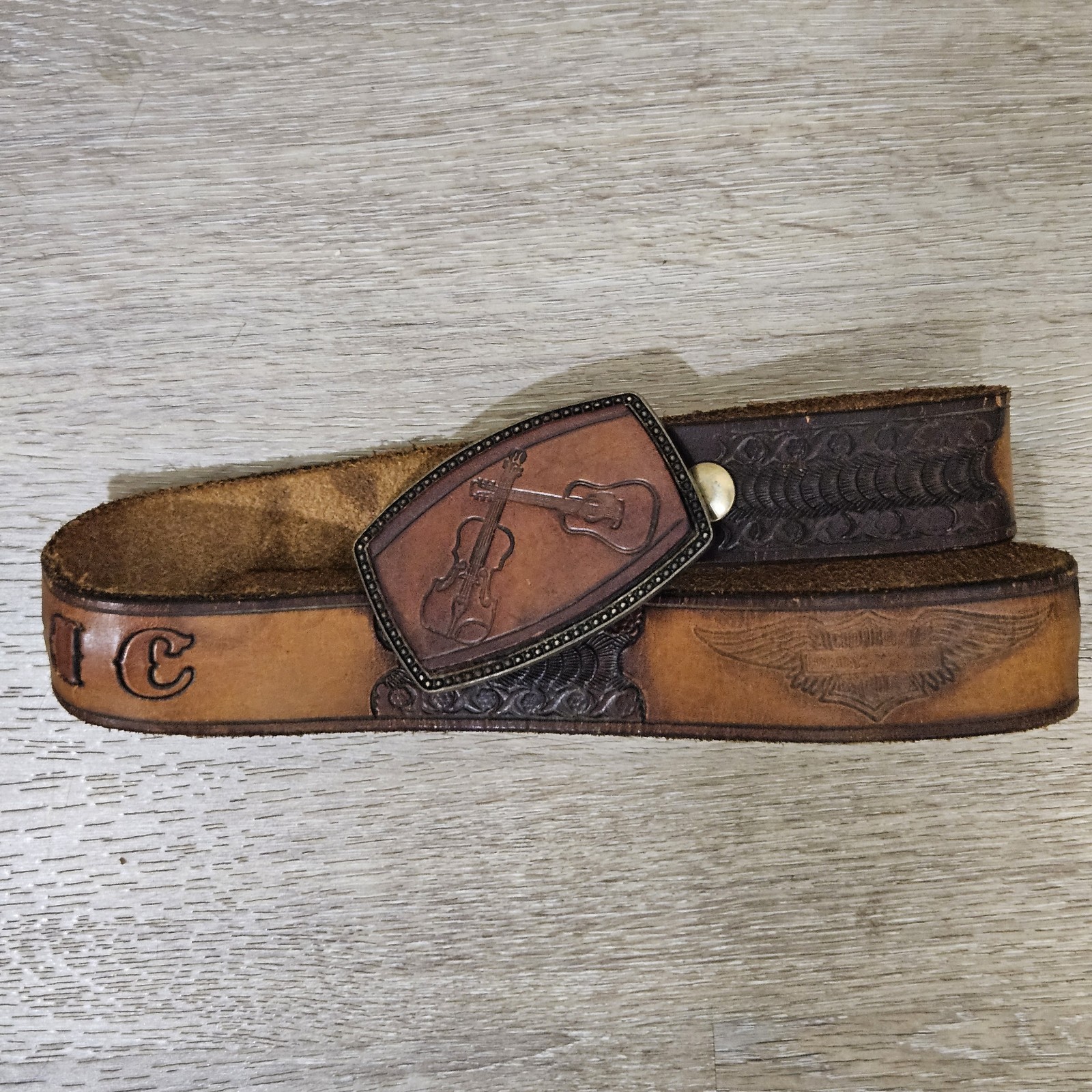 Vtg Harley-Davidson Leather Belt Country Music Buckle Brown Size 30 (READ)