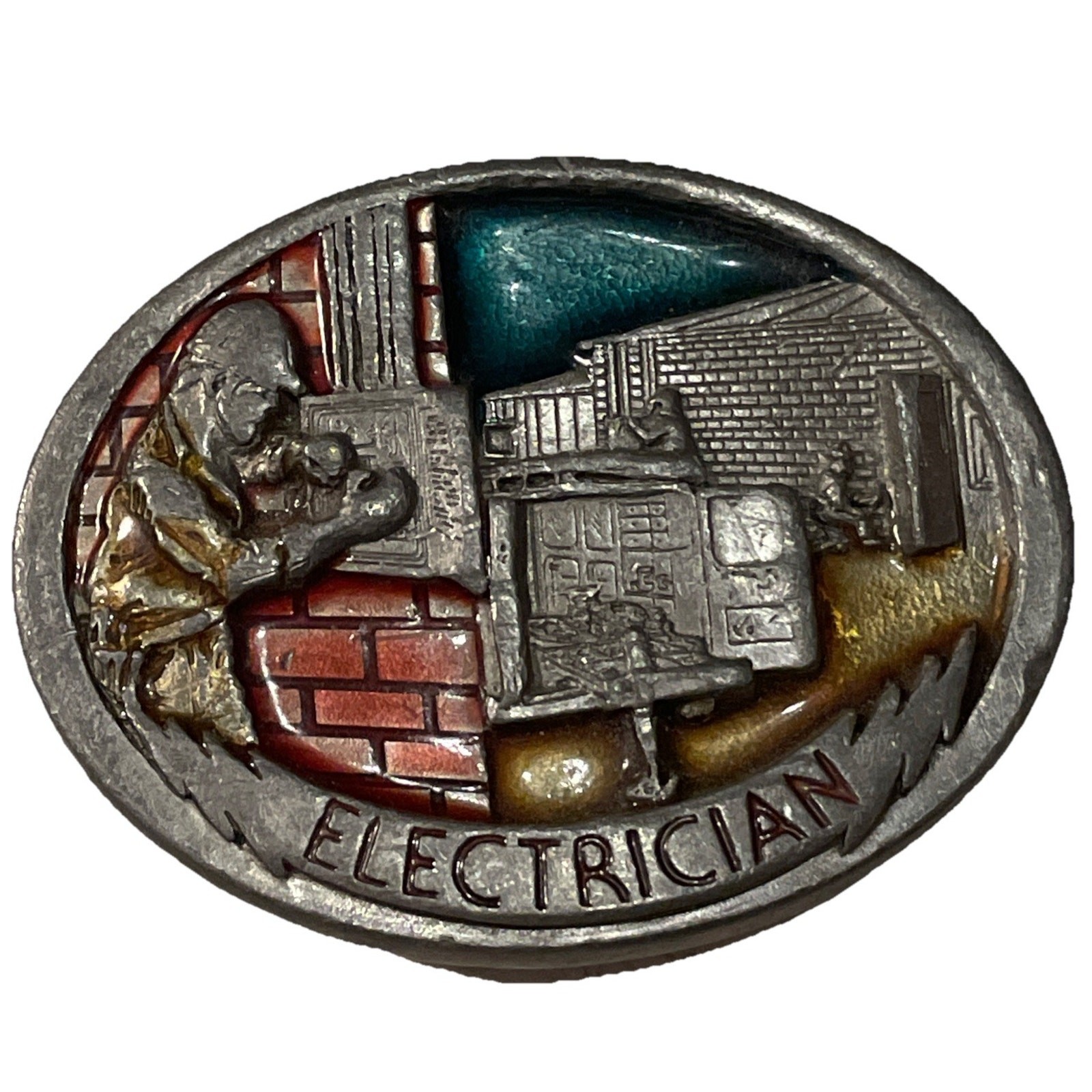 1988 C&J Vintage Electrician Pewter Enamel Belt Buckle 1054 Made USA 3.25×2.5”