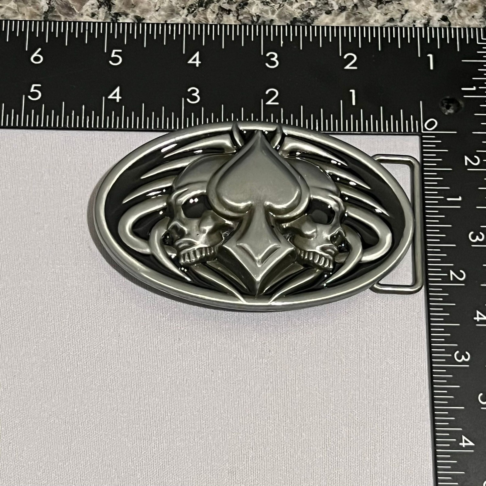 Skull Spade Belt Buckle Mens Oval Metal Gothic Biker Silver Tone Heavy Unique