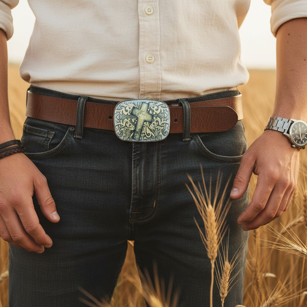Men Women Belt Buckle Black Faux Leather Religious Cross Western Weekend Style