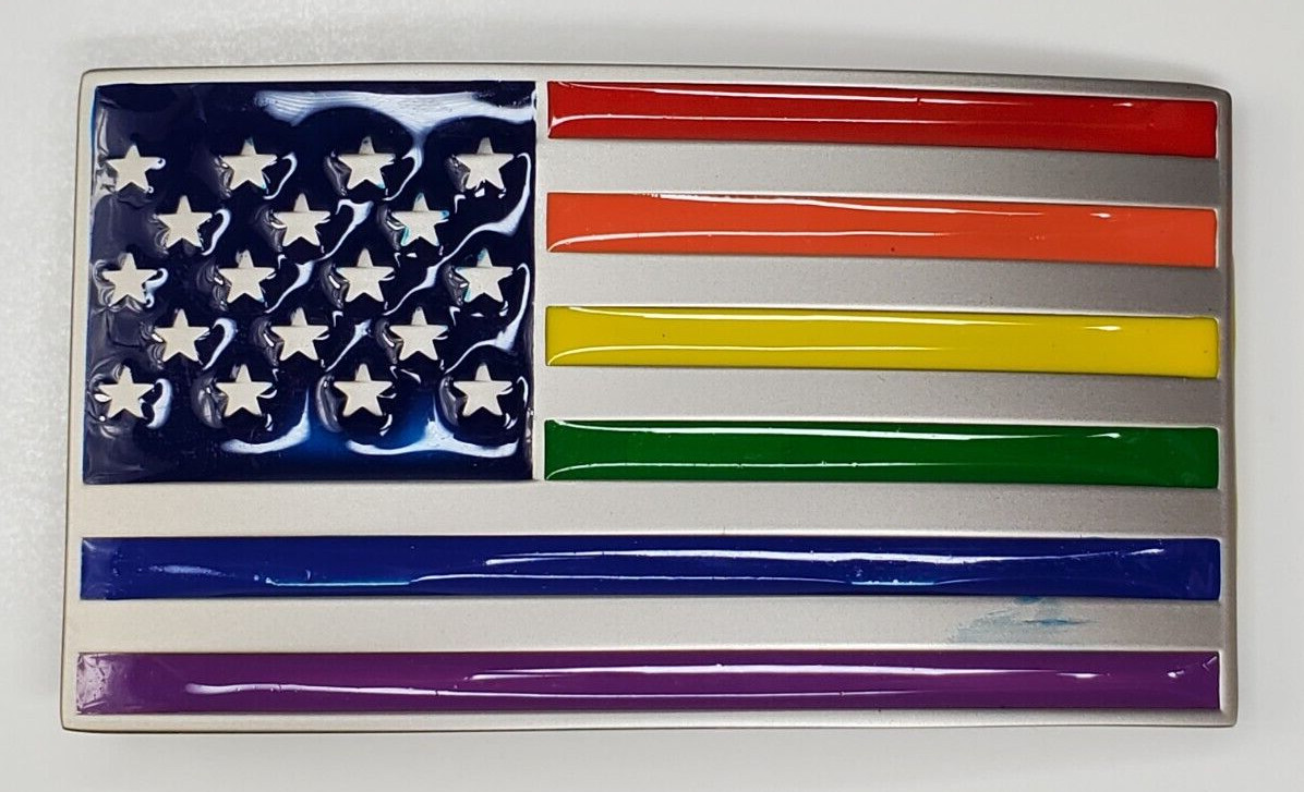 Belt Buckle Enamel Rainbow American USA Flag LBGTQ fits 1.5&Prime; belt
