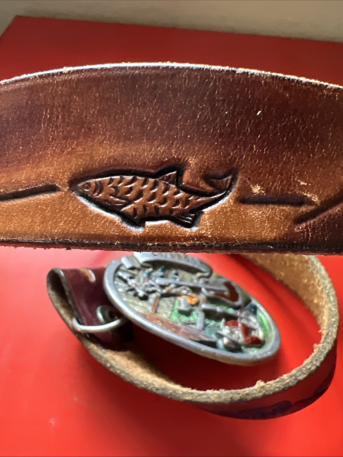 Country Music C & J Belt 1446 Enameled Metal Guitar Fiddle Banjo 1986 Leather