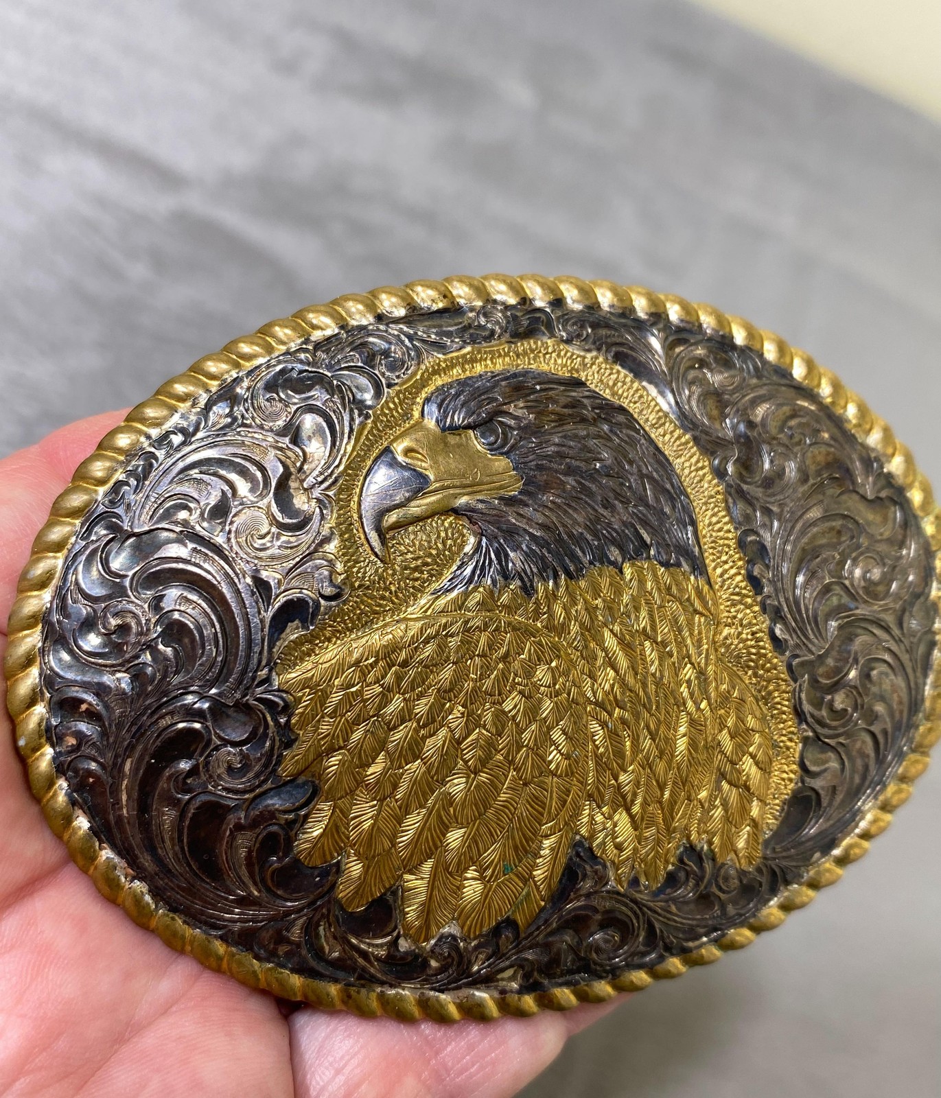 Vintage Crumrine Belt Buckle Mens Silver Plate Gold Eagle Western USA Oval