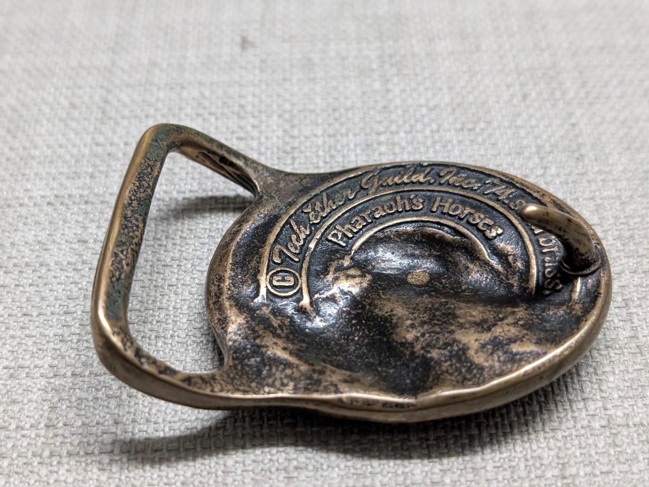 1970s vintage SOLID BRASS belt buckle PHAROHS HORSES western TECH ETHER GUILD