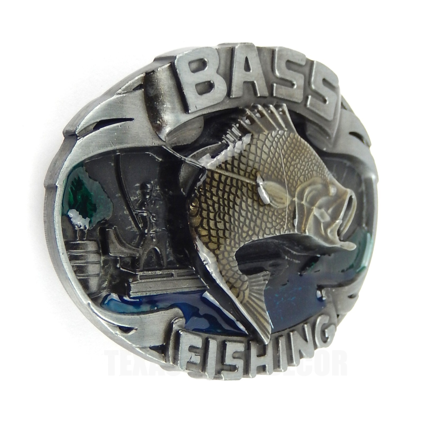 Bass Fishing Belt Buckle Antique Silver Finish Color Enamel Inlay Fits 1.5&Prime; Belt