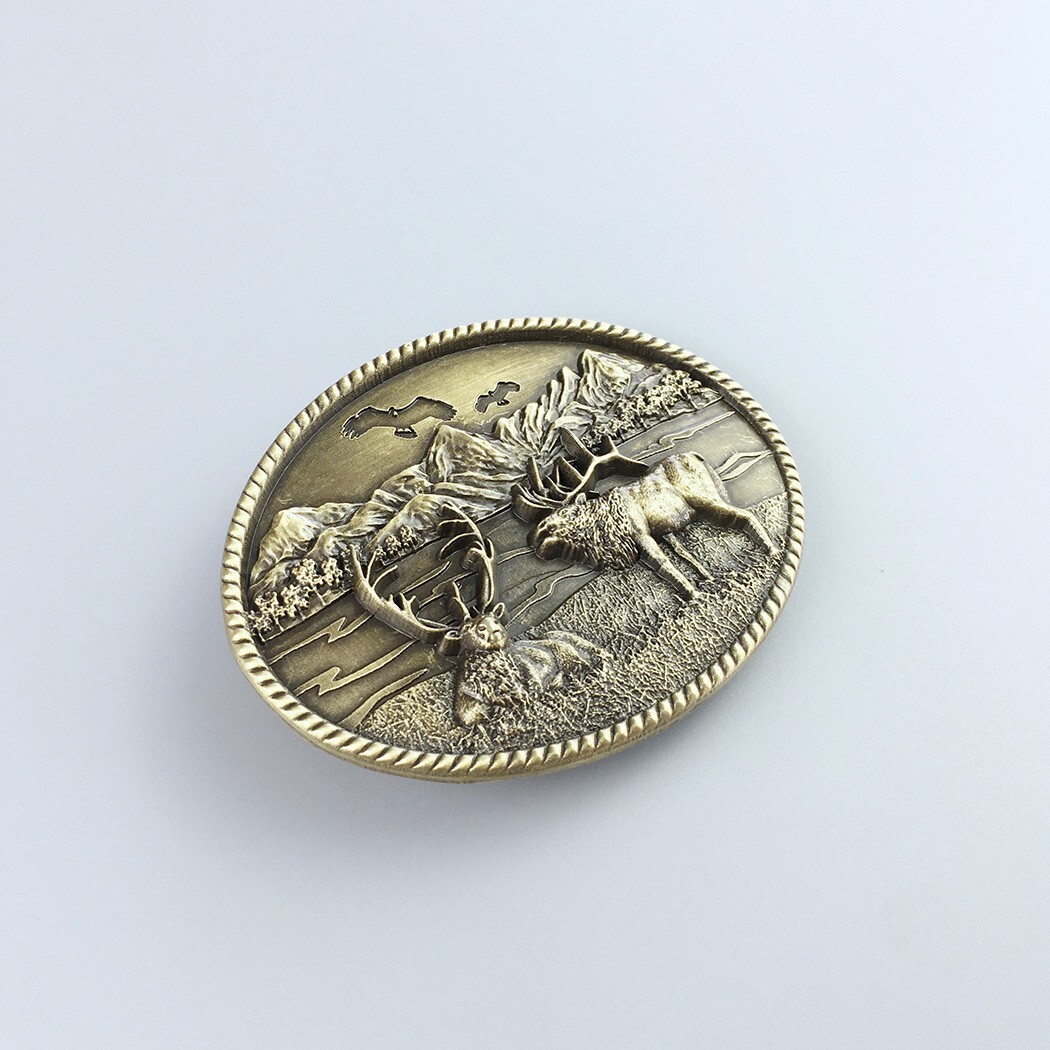 Vintage Bronze Plated Deer Wild Life Western Oval Belt Buckle Boucle de Ceinture
