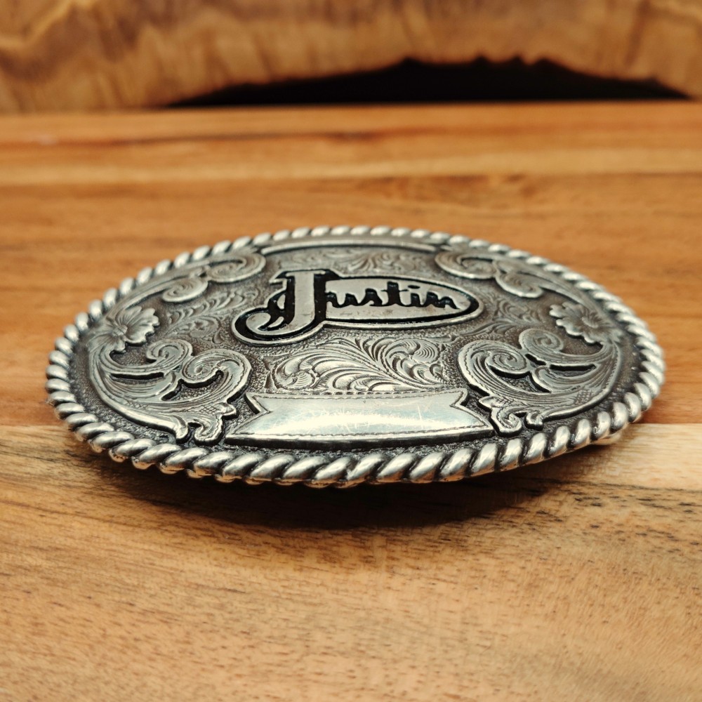 Large Oval Western Justin Engraved Floral Scroll Cowboy Belt Buckle