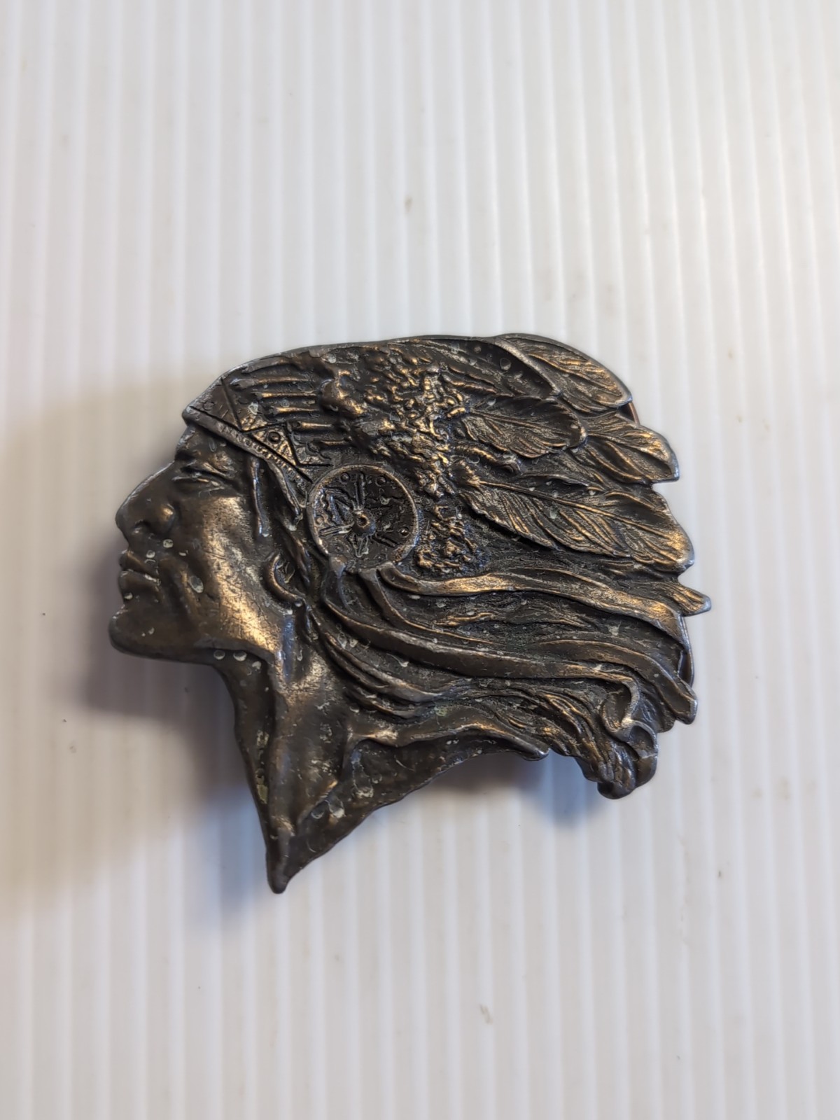 Vintage Indian Chief Head Motorcycle Brass Belt Buckle Native American Headdress