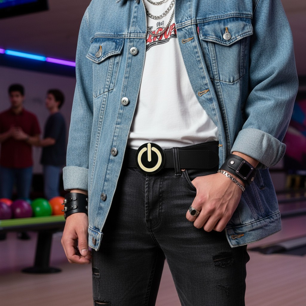 Men Women Teen Fashion Belt Buckle Emoji Retro Black Metal Power Button On Off