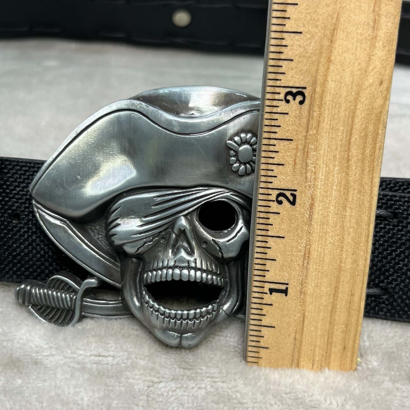 Pirate Jolly Roger Belt Buckle With Belt Pewter Silver Tone Swashbuckler 4&Prime;x3&Prime;
