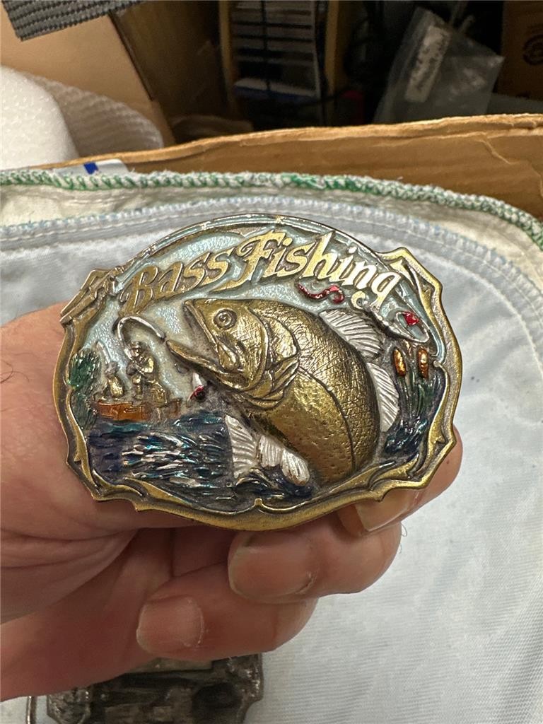 Six Vintage Fishing Belt Buckles Bass, etc.